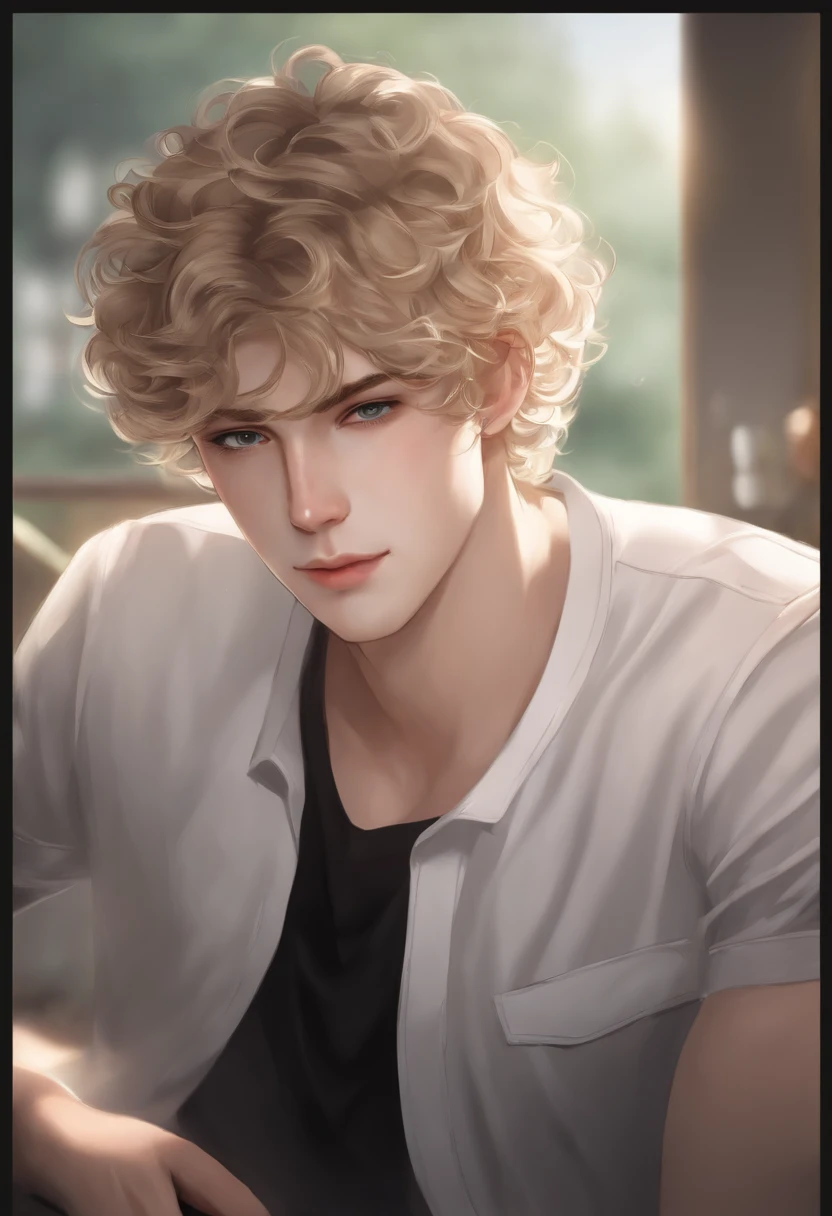 there is a man with a black shirt and a fan in a room, an album cover inspired by John Luke, reddit, tachisme, twitch streamer / gamer ludwig, halfbody headshot, headshot profile picture, pale skin curly blond hair, irish youtuber, he has short curly brown hair, curls on top of his head, connor hibbs