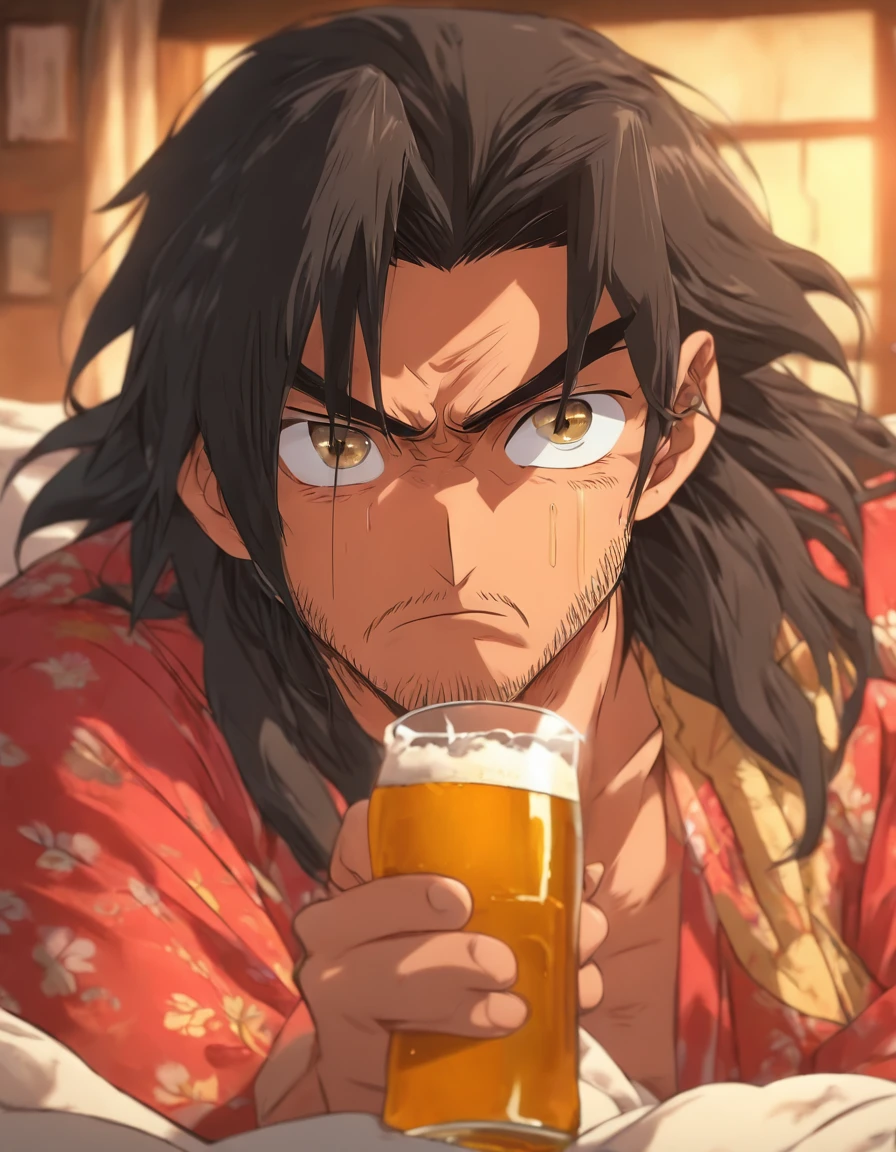 Sad middle aged man. He looks around his mid forties. He has really long black hair and is innocent looking. Hes crying while sitting on his bed in pyjamas. Hes holding a beer bottle. He has eye bags.. Detailed and follows the prompt. Anime styled. Photorealistic style. 8k resolution. Very detailed.