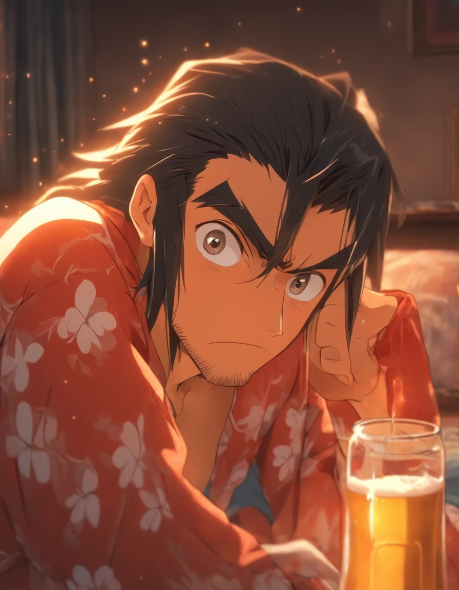 Sad middle aged man. He looks around his mid forties. He has really long black hair and is innocent looking. Hes crying while sitting on his bed in pyjamas. Hes holding a beer bottle. He has eye bags.. Detailed and follows the prompt. Anime styled. Photorealistic style. 8k resolution. Very detailed.