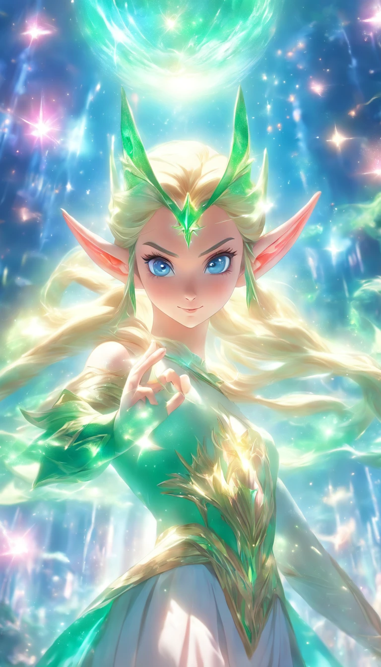 RAW, professional photograph, movie photograph, medium shot, Female elf, young elf, goddess elf, emerald crown, white dress, see-through floating in the middle of the space, in front of pink galaxy, athletic body, soft facial features, long hair, straight hair, blonde hair, blue eyes, Realism, hyperrealism, ray tracing, high details, super detail, UHD, 8k