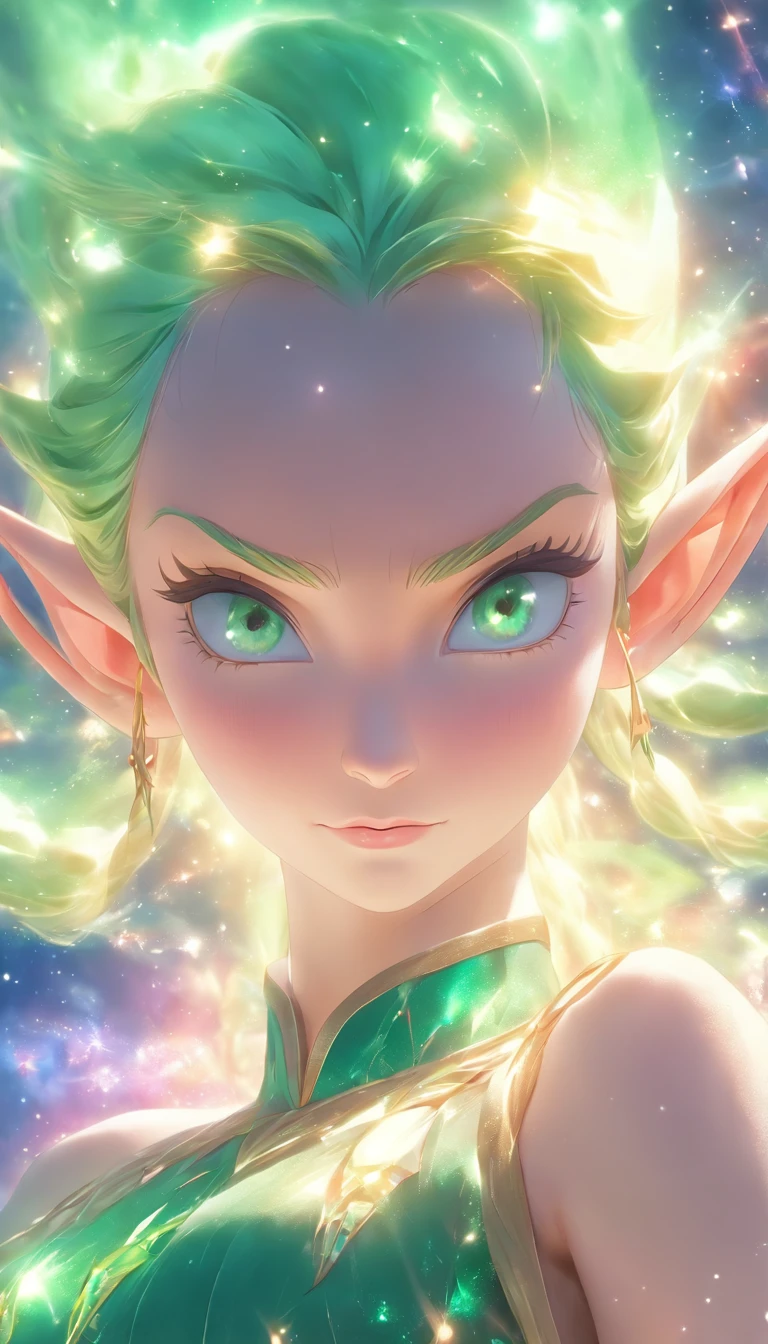 RAW, professional photograph, movie photograph, medium shot, Female elf, young elf, goddess elf, emerald crown, white dress, see-through floating in the middle of the space, in front of pink galaxy, athletic body, soft facial features, long hair, straight hair, blonde hair, blue eyes, Realism, hyperrealism, ray tracing, high details, super detail, UHD, 8k