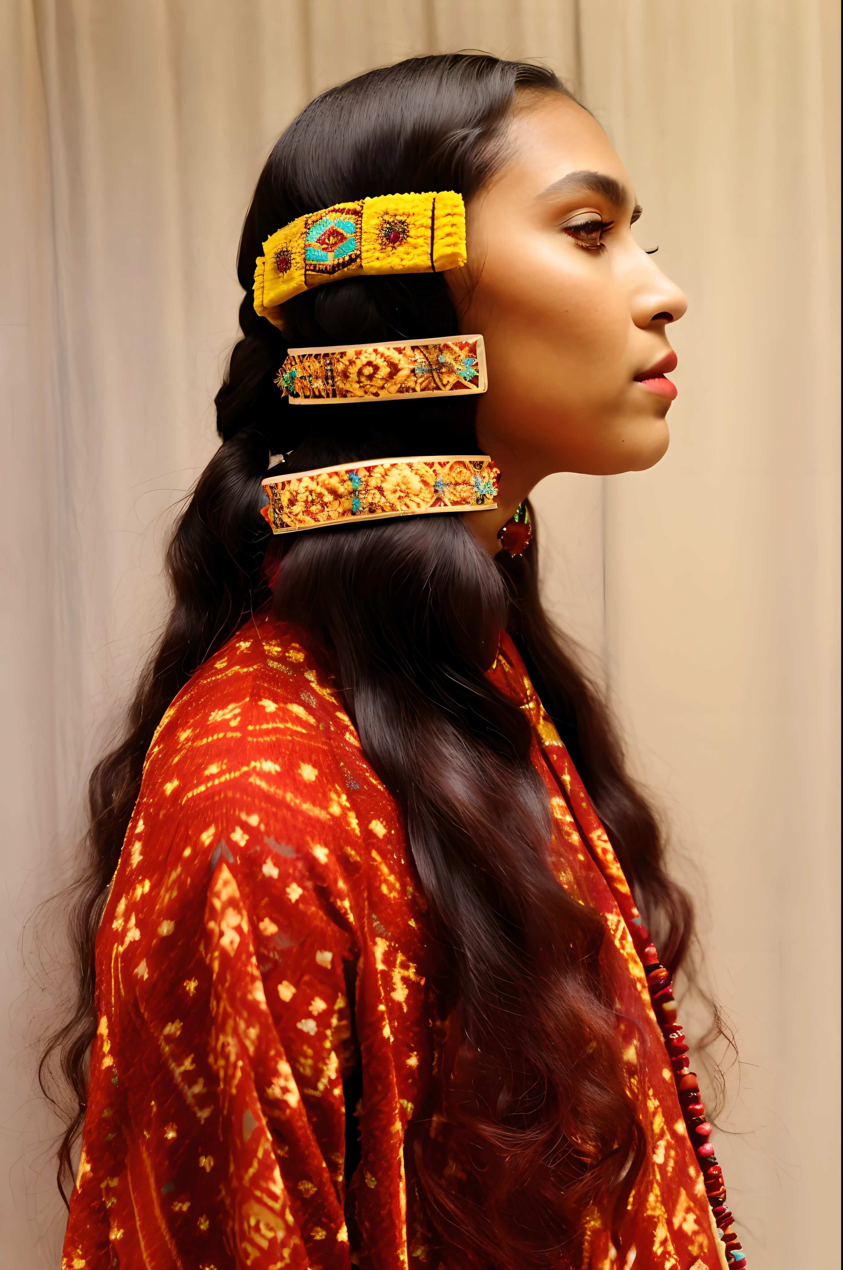 arafed woman with a pair of hair clips on her head, wearing a native american choker, native rich jewelry, by Pamela Ascherson, traditional female hairstyles, long chin, hair ornaments, aztec hair, ornate hair, by Anna Haifisch, head piece, elaborate long hairstyle, by Susan Heidi, by Nathalie Rattner, by Caroline Gotch