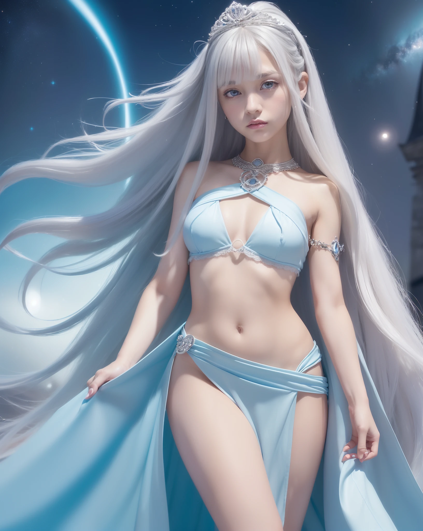 An ultra-high picture quality、(((full body Esbian)))、frontage、bilaterally symmetrical、((The background is a very dark Milky Way))、(((Planktonic)))、colourfull、muitoﾘｱﾙHuman texture、 (((14 years old very cute beautiful skinny prague white girl)))、((Very white skin of a 14-year-old Caucasian girl with blood vessels showing through))、(((very long and high nose of a white woman,,,,,,,,,,,,,,,,,,,,,,,,,,,,,,,,,,,,,,,,,,,,,,,,,,,,,,,,,,,,,,,,,,,,,,,,,,,,,,,,,,,,,,,,,,,,,,,,,,,,,,,,,,,,,,,,)))、(((Under the short nose)))、(((no-makeup)))、( Height 164 cm、head length 20 cm、leg length 82 centimeters,)、Normal shoulder width、Long arms、(((Long Torso)))、long neck、Long below the knee、Thin little face、Natural double eyelids、 (1girl in:1.3),  Light persona, Dark Persona, mind control, fractral, ceiling, Artistic background, Geometric, organics, blessings, favor, noble, unfolded, elucidation, antigravity, Antimatter, holy, Sacred, spiritual, Dignified, Luminescent, Holographic, About Magic Circle, photons, scales, Beak,(artistic)、(((The most fantastic bright light blue eyebrows))),,(((Ultra high resolution pale light blue silver hair and silky thin shiny eyebrows,,)))、(((Super luxurious see-through Western style long dress with plenty of luxury accessories)))、(((Beautiful white skin with hair and pores,)))、(((Extremely delicate and brightly colored targets)))、(((Beautiful glowing caucasian woman with bright light blue iris iris eye with ultra high definition pattern)))、(((I love you))),(((Small drooping eyes with a gentle feeling)))、(((very thin eyelashes,,,,,,,,,,)))、(((Realistic naked eye)))、High Definition Lip、(((Cute girlish hairstyle spreads softly...............................................................)))、(((A Princess)))、(((large chest directed upwards in a very three-dimensional pointed shape,,,,,,,,,,,,,,,,,,,,,,,,,,,,,,,,,,,,,,,,,,,,,,,,,,,,,,,,,,,,,,,,,,,,,,,,,,,,,,,,,,,,,,,,,,,,,,,,,,,,,,,,,,,,,,,,,,,,,,,,,,,)))、(((Dreams)))、(((Your imagination)))、(((Fluffy High Half