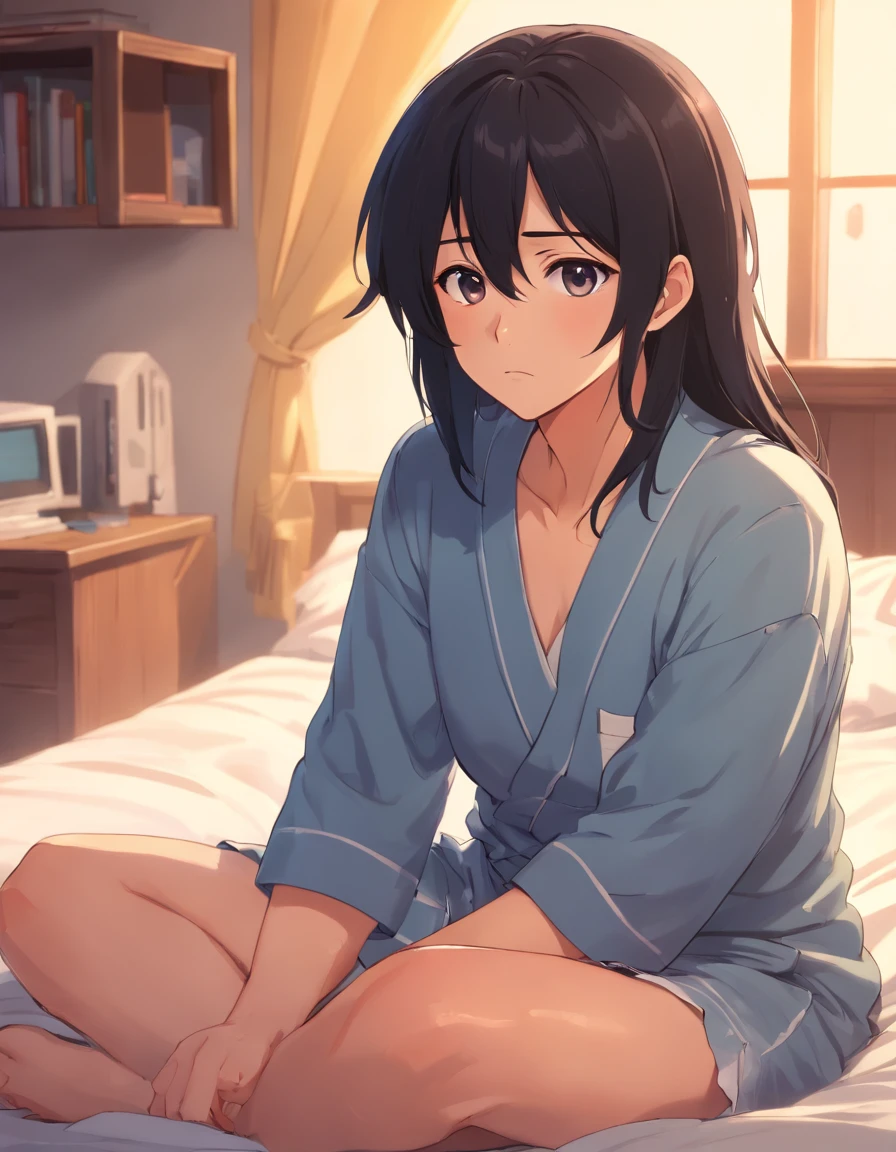 Sad middle aged man. He looks around his mid forties. He has really long black hair and is innocent looking. Hes crying while sitting on his bed in pyjamas. He has eye bags.. Detailed and follows the prompt. Anime styled. Photorealistic style. 8k resolution. Very detailed.