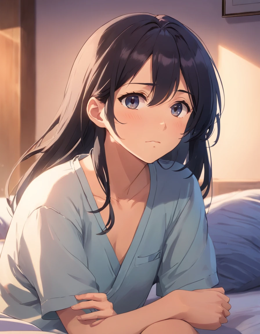 Sad middle aged man. He looks around his mid forties. He has really long black hair and is innocent looking. Hes crying while sitting on his bed in pyjamas. He has eye bags.. Detailed and follows the prompt. Anime styled. Photorealistic style. 8k resolution. Very detailed.