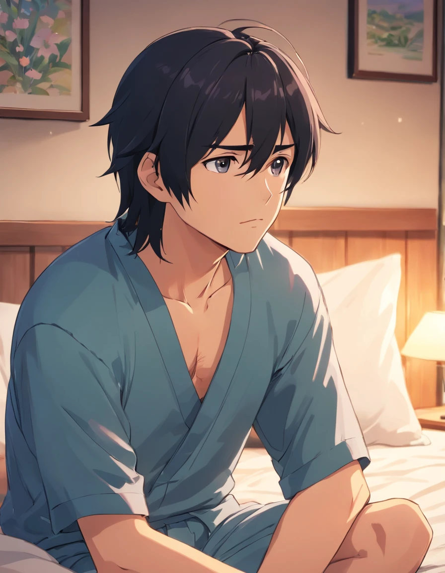 Sad middle aged man. He looks around his mid forties. He has really long black hair and is innocent looking. Hes crying while sitting on his bed in pyjamas. He has eye bags.. Detailed and follows the prompt. Anime styled. Photorealistic style. 8k resolution. Very detailed.