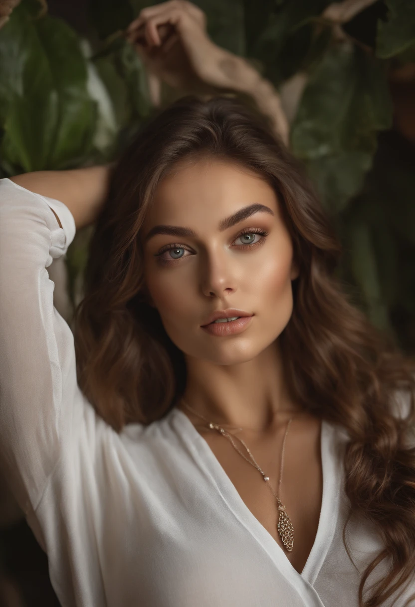 Highest image quality, outstanding details, ultra-high resolution, (realism: 1.4) woman in underwear and a necklace, sexy girl with green eyes, portrait sophie mudd, brown hair and large eyes, selfie of a young woman, bedroom eyes, violet myers, without makeup, natural makeup, looking directly at the camera, face with artgram, subtle makeup, stunning full body shot, piercing green eyes,