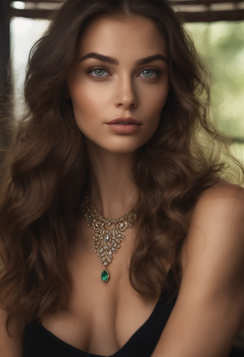 Highest image quality, outstanding details, ultra-high resolution, (realism: 1.4) woman in underwear and a necklace, sexy girl with green eyes, portrait sophie mudd, brown hair and large eyes, selfie of a young woman, bedroom eyes, violet myers, without makeup, natural makeup, looking directly at the camera, face with artgram, subtle makeup, stunning full body shot, piercing green eyes,