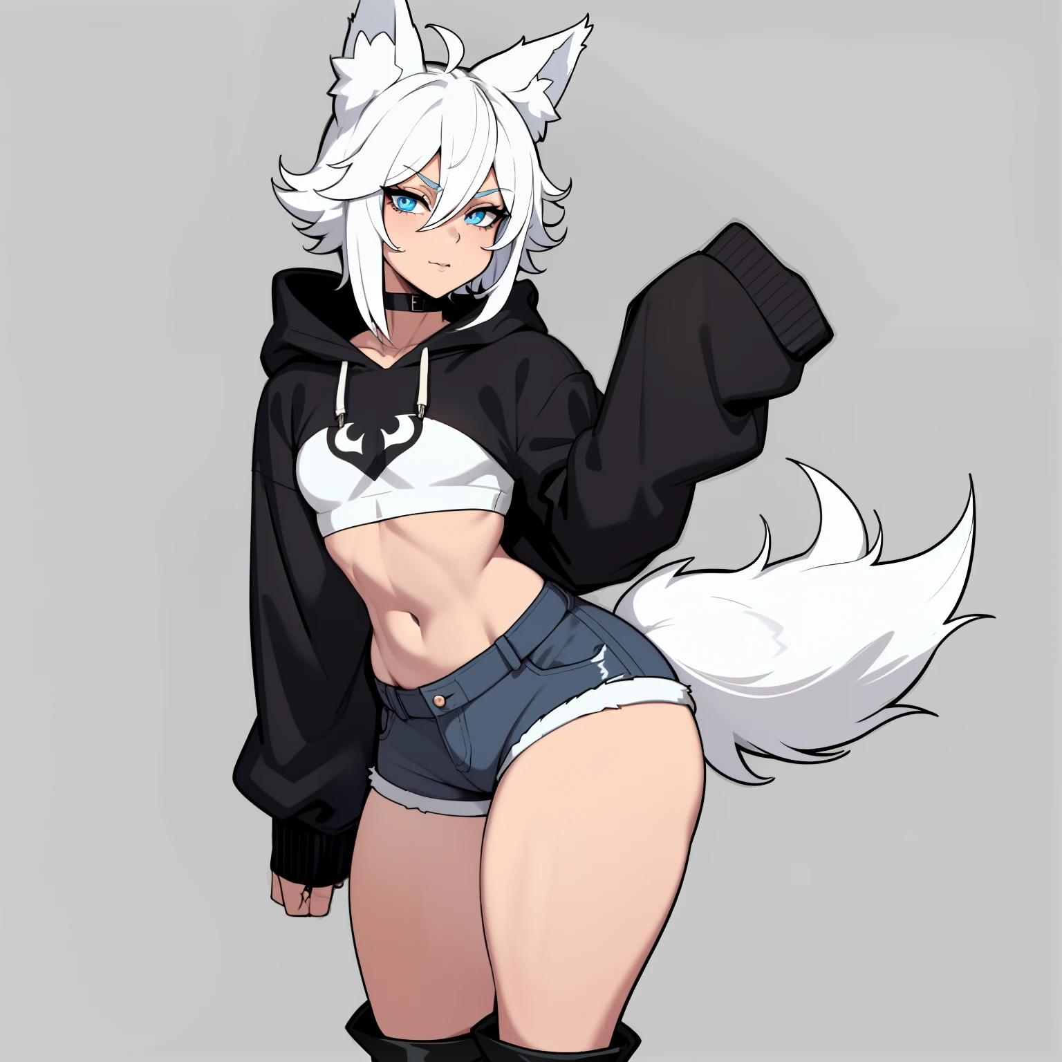 Single boy, Anime Femboy, Short, Long white hair, wolf ears, wolf tail, blue eyes, wearing jean short shorts, thigh high socks, black combat boots, wearing cropped black hoodie, flat chest, super flat chest, solo femboy, only one femboy ((FLAT CHEST)), wide hips, thicc thighs, happy, nice butt, Lobo