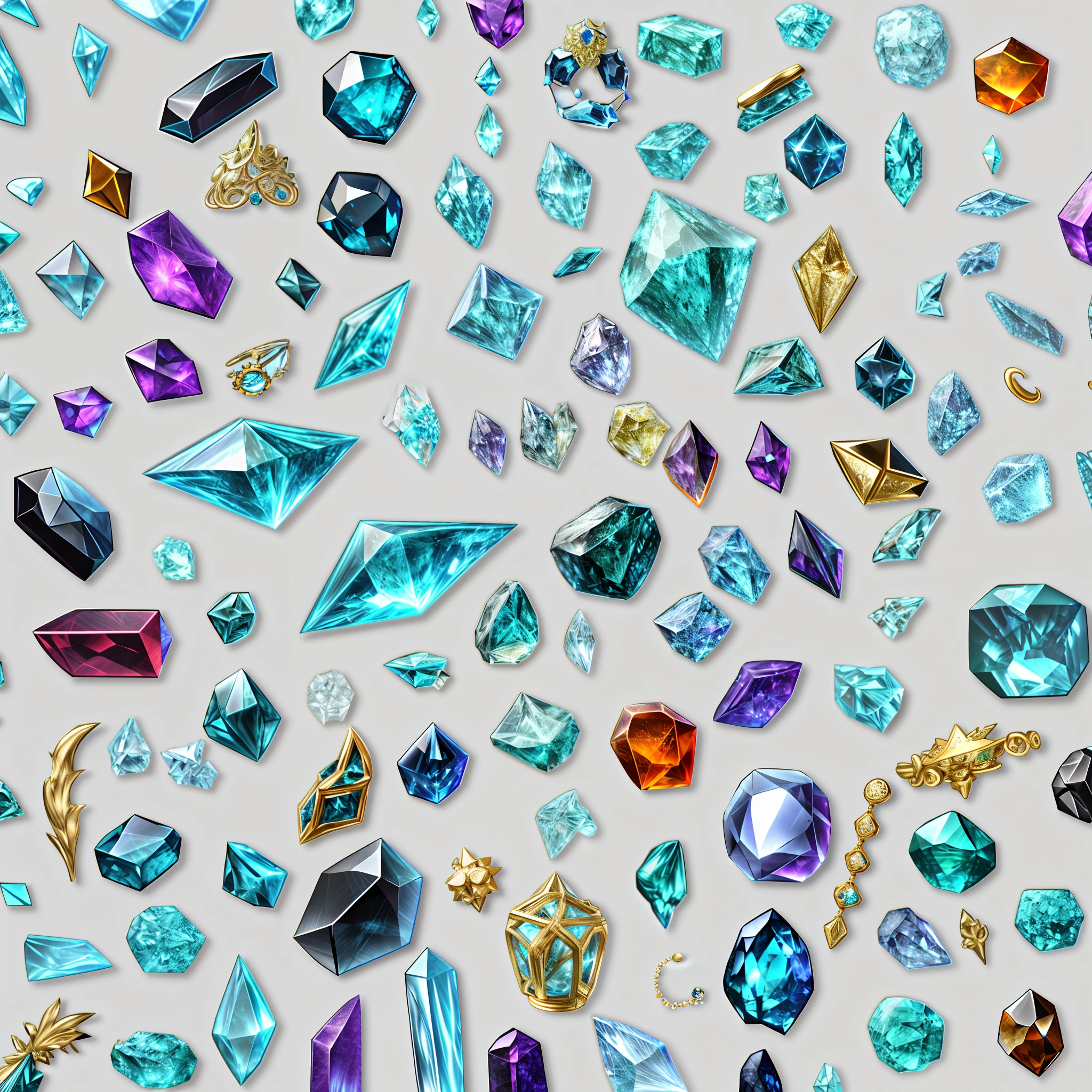 (Terraria Style: 1.2), (Full Focus: 2), (Everything in the showcase: 1.3), (Magic Items | Multicolored gemstones | cherry blossoms | Printed silk products | Medals | Ores | obsidian | pearls | emerald | White jade | amethyst | sapphire | jewelry made of gold | Silverware | Purple gold | Magic jewelry | antiques | ruby | Orange Gemstone | blue gemstone | Topaz |: 2), Magic symbols, Magic particle effects, High-tech luxury, High-quality jewelry, Expensive metal, luxury, No puzzles, Detailed and complex backgrounds, Sparkling, reflection light, extra high resolution, Award-winning, hight resolution, Highly detailed texture, Contrast between light and dark, Cinematic lighting, Masterpieces, Ray Tracing, Structurally correct, super details, high-quality, high detail, Best Quality, 16k, (((completely white background)))