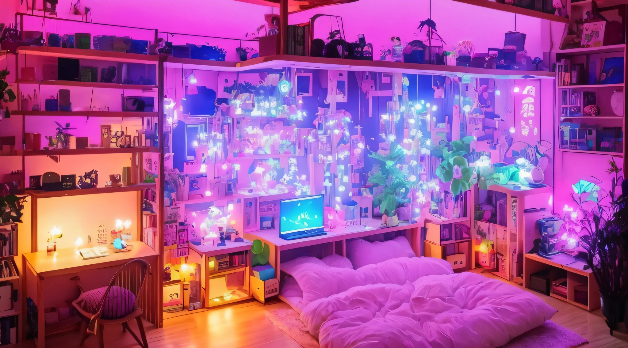 japanese bedroom, rgb lighting, shelf with stuffed animals, purple, neon, dark, cyber, plushies, cute