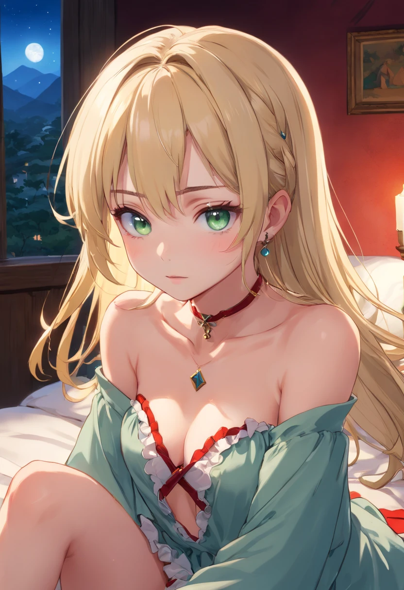a girl wearing an anime collar, a long necklace and earrings, in the style of tranquil gardenscapes, colorful animation stills, masami teraoka, aquamarine, paul gauguin, Embry style, honest portrayal (Photorealistic:1.2), (Raw photo, Highest Quality, masterpiece, Best Quality, Perfect body, Detailed beautiful face, of the highest quality, K huge file size, Super Detail, High resolution,Very detailed, Highly detailed, nffsw, unified, 8K Wallpaper, detail), Slim Girl Model, 24 year old female model, SEX, (vaginal :1.3), Spread legs, wide-open legs, In a dark bedroom, At night, (See Through Nightgown, visible through clothes:1.2), (Blonde hair, Pigtails, Blue eyes), Small breasts, (faceless male on face:1.2), POV, (From below)(((a deep reddish wound crosses her left cheek))) fair complexion, woman around 25 years old, natural white hair, distinctive green eyes, wearing kohl, slender and graceful, beautiful, candlelight in a medieval setting, ultra sharp focus, realistic shot, medieval female clothes, tetradic colors (scar:1.4)