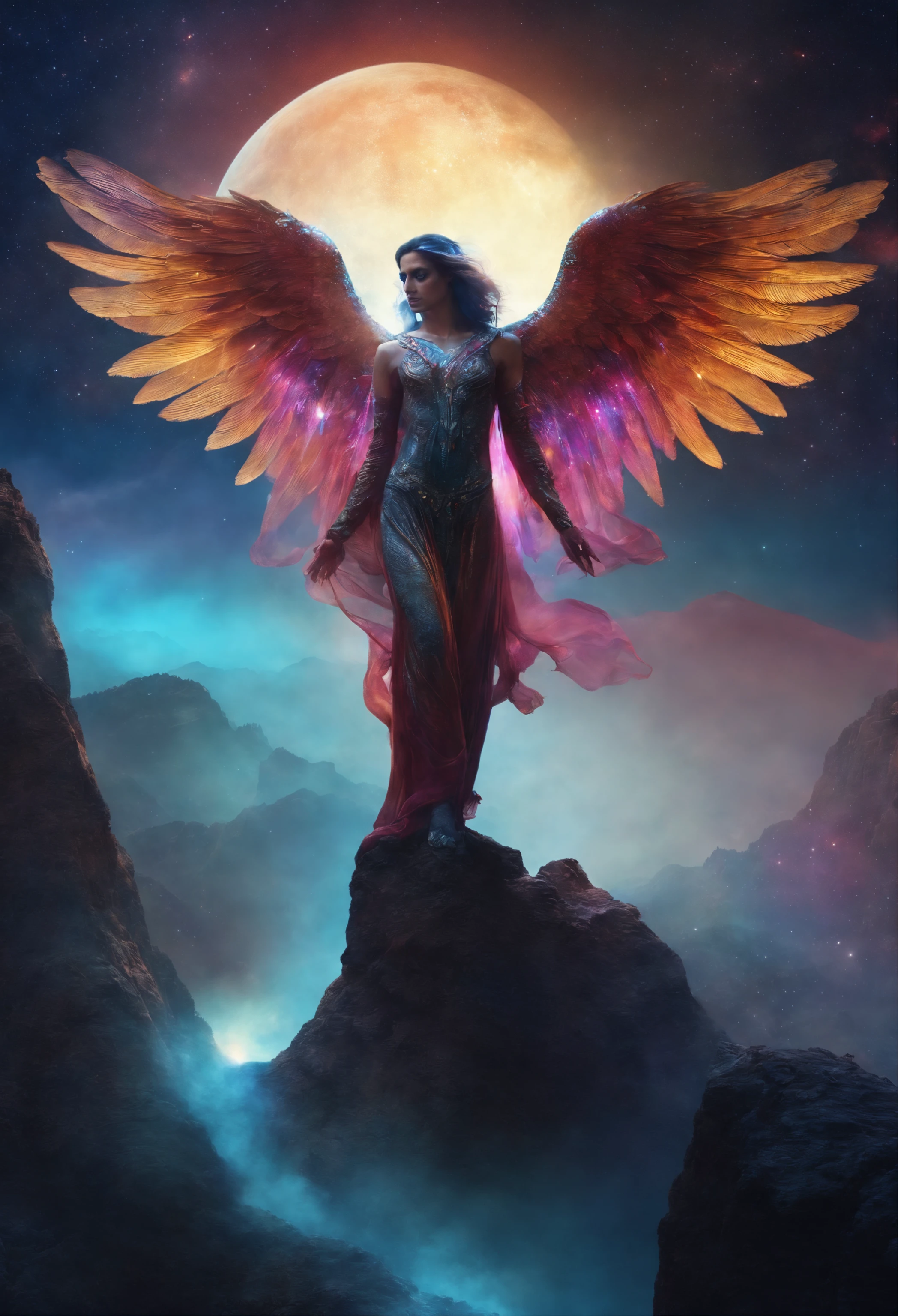 Cosmic fallen angel with bright eyes, Biomechanical, on top of a mountain with a mix of very bright colors, under the moonlight with particles of light, brillantes, sortant de ses mains