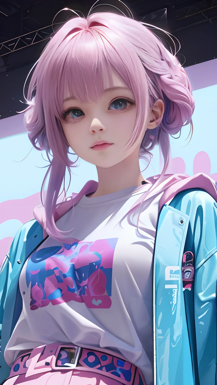 Anime - photo style girl with pink hair and blue jacket pose, style of anime4 K, Anime style. 8K, Guviz-style artwork, anime styled digital art, Digital anime illustration, realistic anime artstyle, Realistic anime 3 D style, Digital anime art, Anime art style, Guviz, Anime style portrait, Realistic anime art style,Bigchest