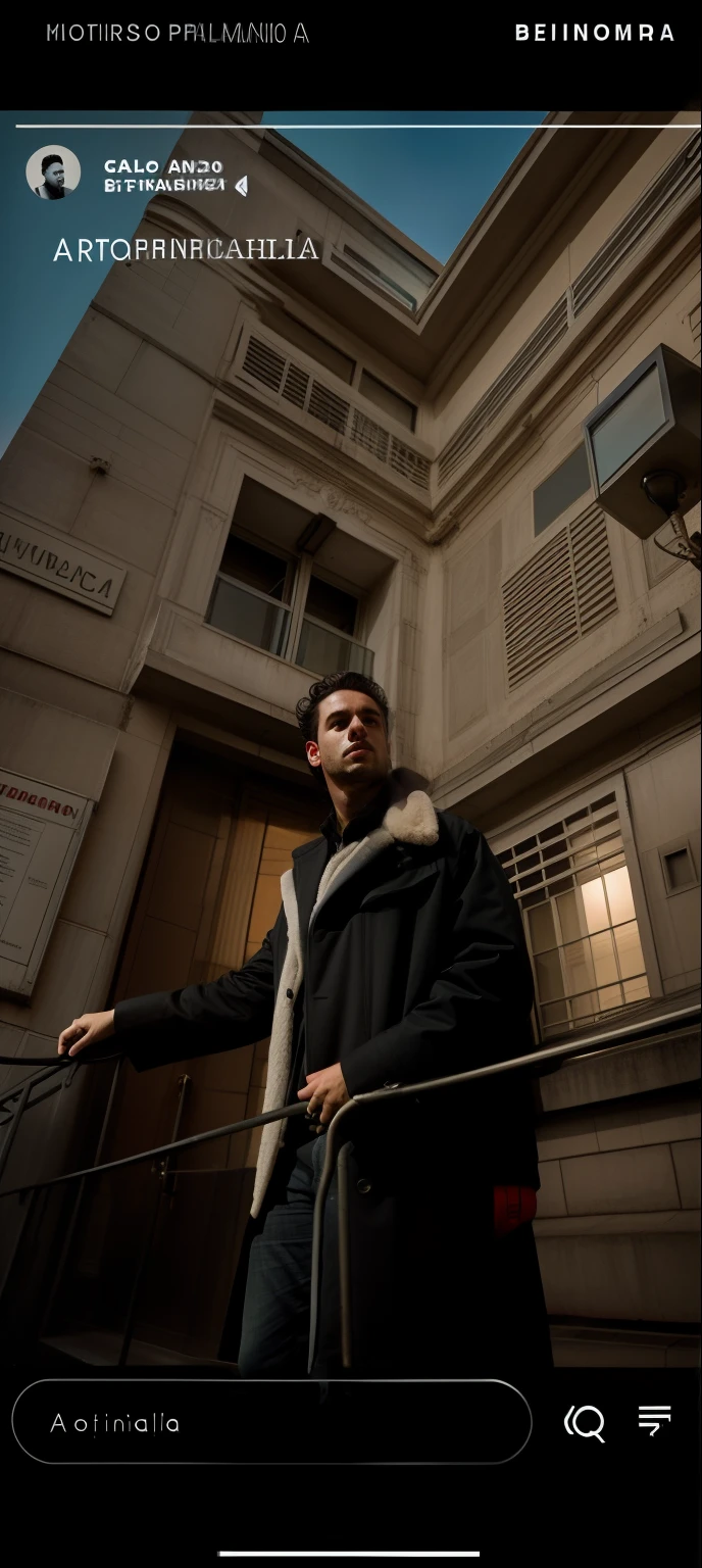 Hay un hombre parado en una barandilla frente a un edificio, Retrato a mitad de plano, foto de perfil 1024px, por Mathias Kollros, photography portrait, foto de retrato, taken in the early 2020s, photo from a promotional session, Foto promocional, Retrato en solitario, tech noir, Rafael Personnaz, Retrato de plano medio