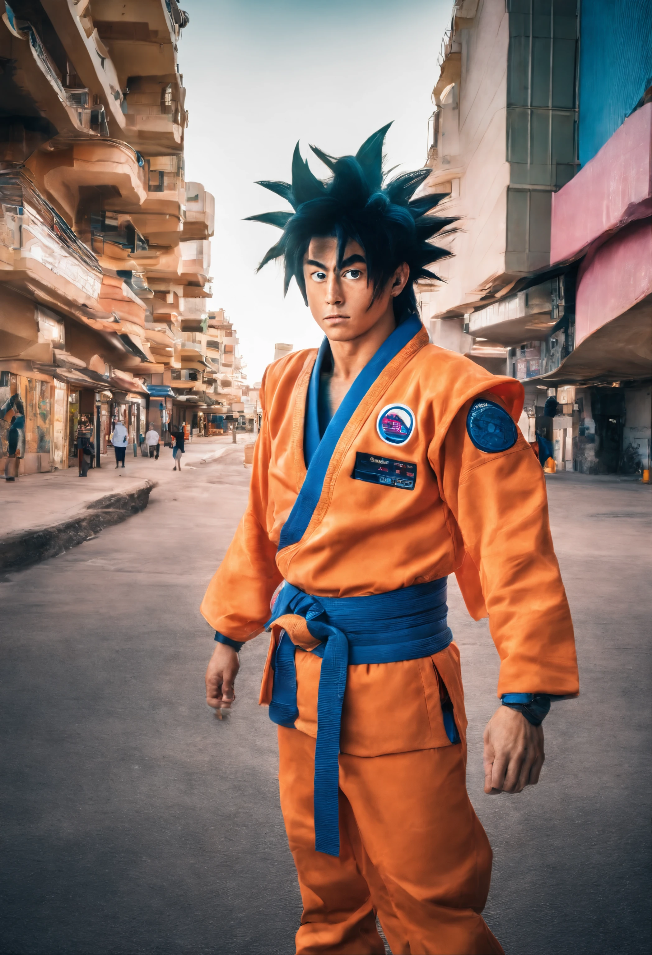 fotografia hiperrealista de personaje Goku nivel Dios de dragon ball en la vida real en el puerto de Alicante