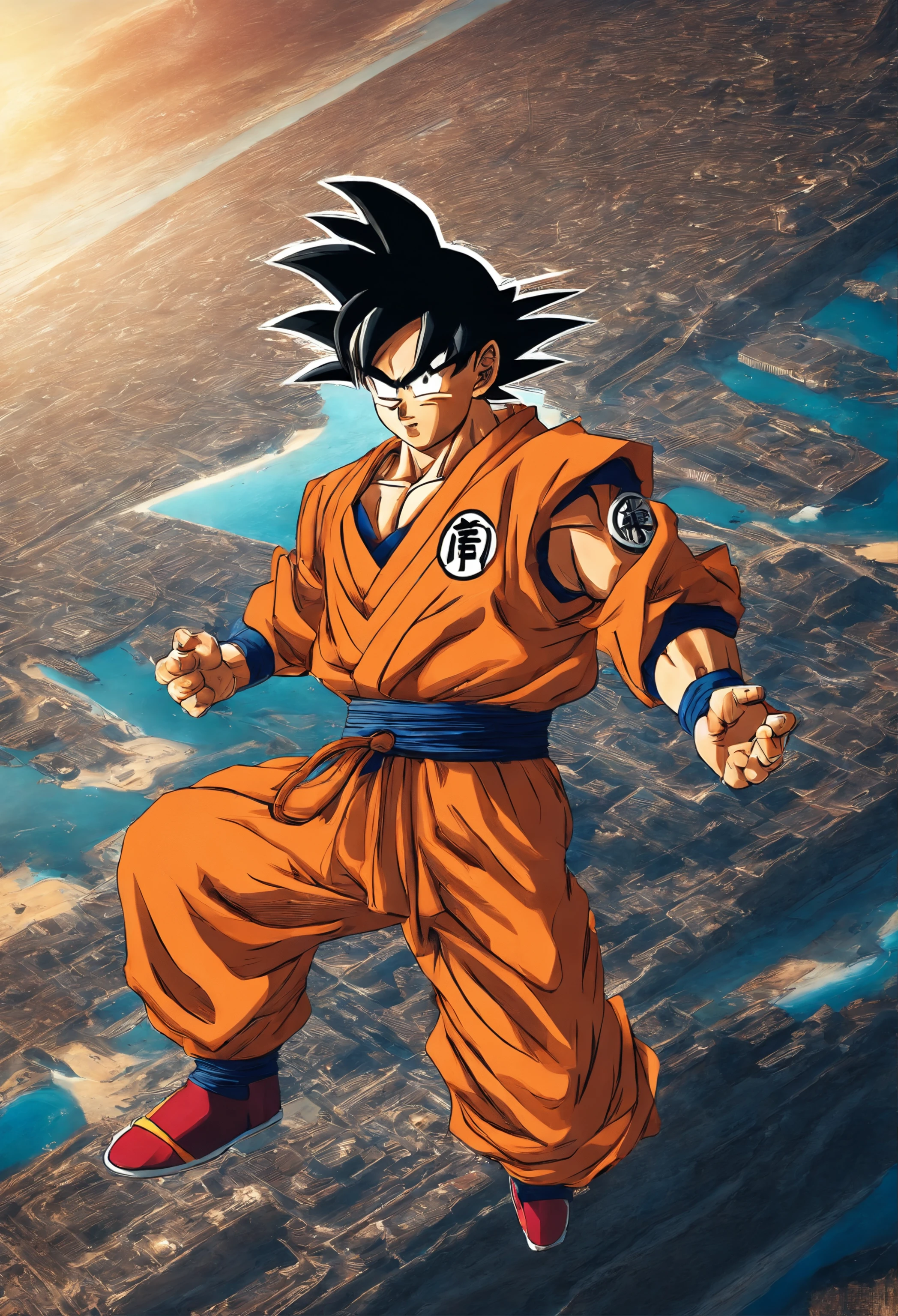 fotografia hiperrealista de personaje Goku nivel Dios de dragon ball en la vida real en el puerto de Alicante
