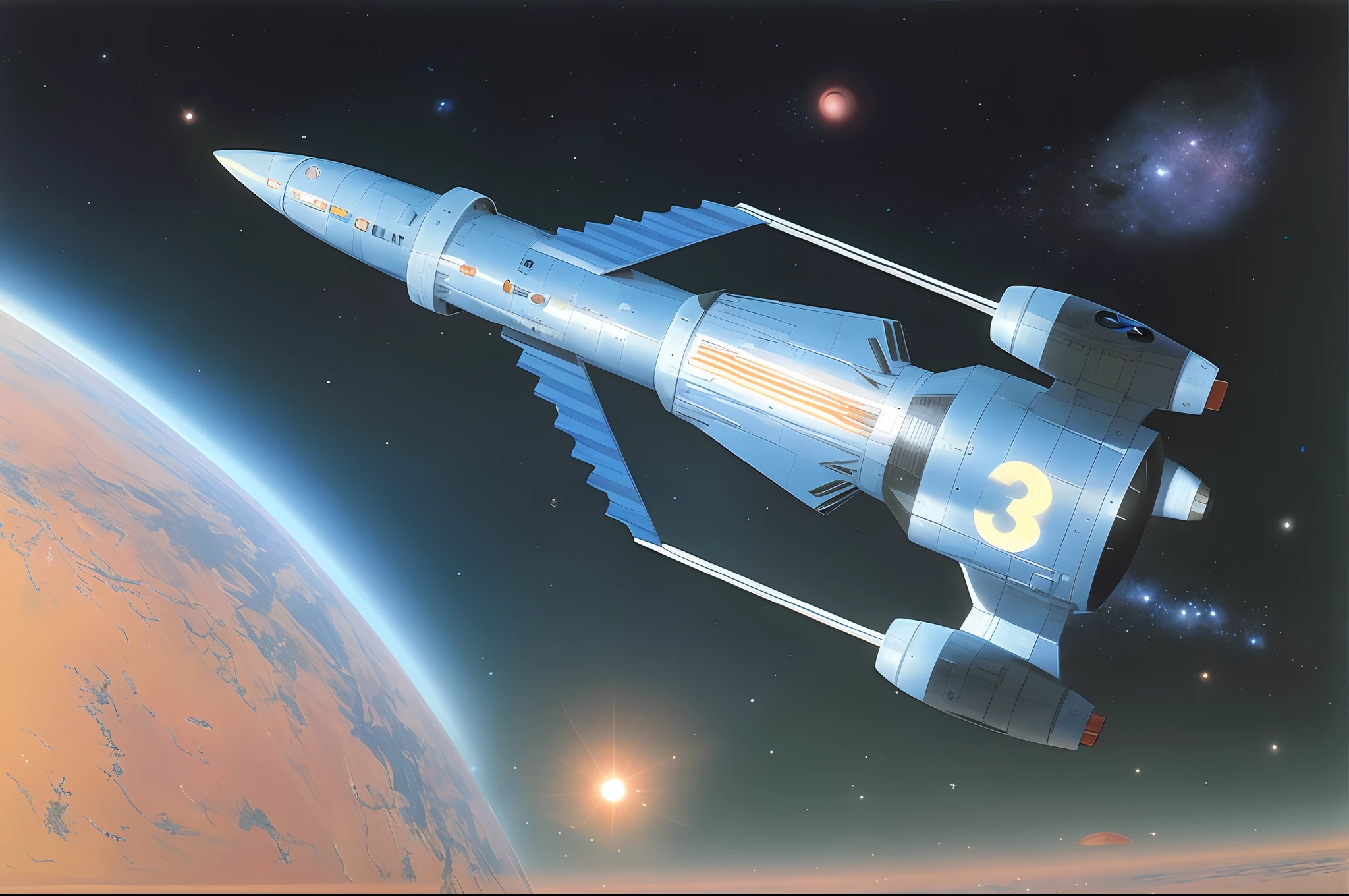 Spaceship flying in the sky with a planet in the background, inspirado em Peter Elson, retro sci-fi spaceship, inspirado em Chris Foss, sci-fi spaceship, em esquema de cores de peter elson, Vostok-1, spaceship in space, Thunderbird 2, ww2 tecnologia espacial, Retro 1 9 6 0 S Sci - Art of Fi., small retro starship in the sky