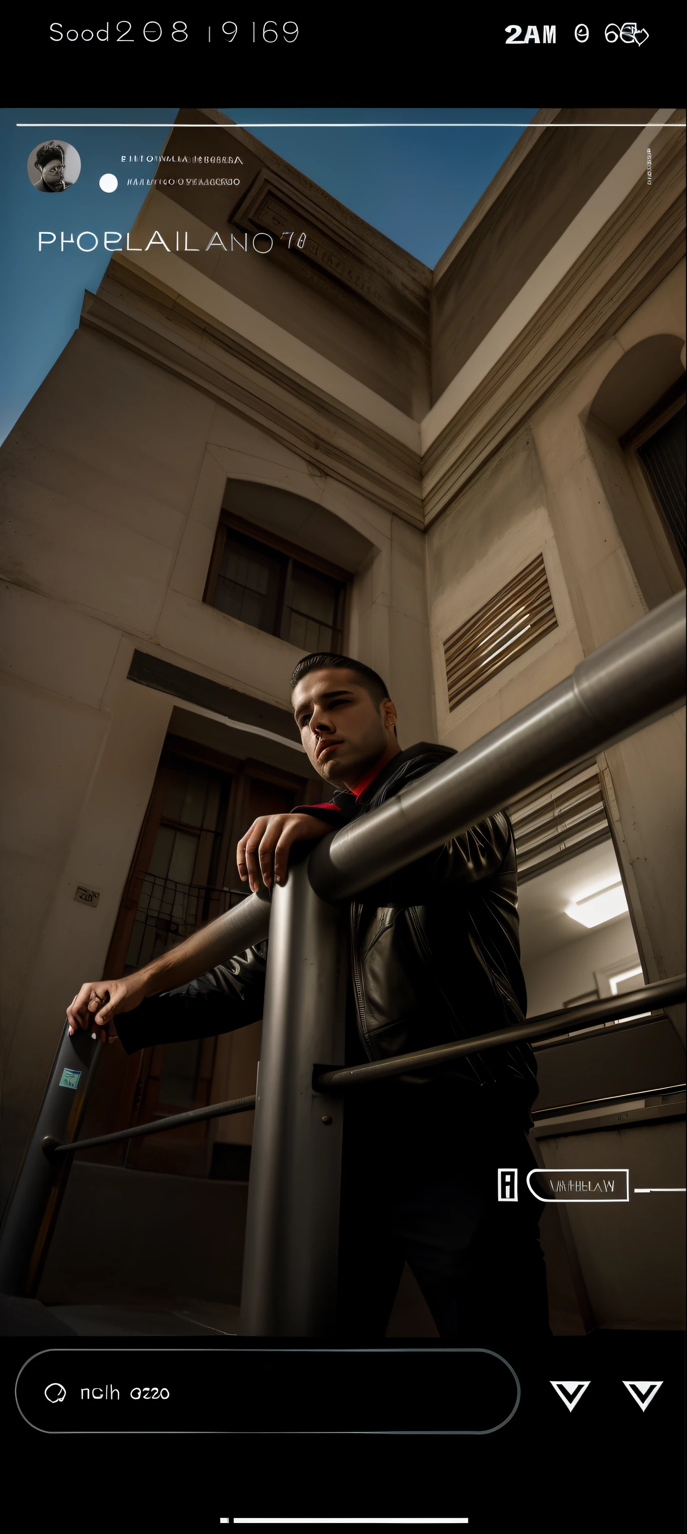 Hay un hombre parado en una barandilla frente a un edificio, Retrato a mitad de plano, foto de perfil 1024px, por Mathias Kollros, photography portrait, foto de retrato, taken in the early 2020s, photo from a promotional session, Foto promocional, Retrato en solitario, tech noir, Rafael Personnaz, Retrato de plano medio