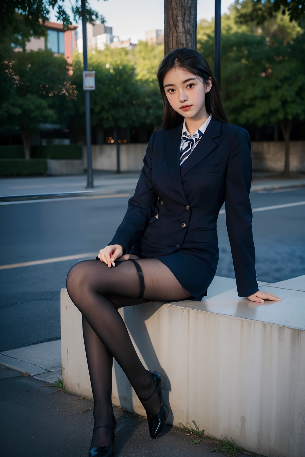 Best quality, full body portrait, delicate face, pretty face, 25 year old woman, slim figure, small bust, OL uniform, office clothes, black stockings, outdoor scene, sitting position