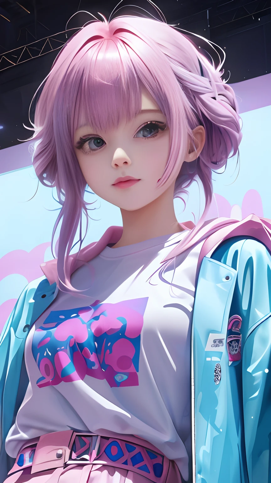 Anime - Pink hair and blue jacket pose for photo style girl, style of anime4 K, Anime style. 8K, Guviz-style artwork, anime styled digital art, Digital anime illustration, realistic anime artstyle, Realistic anime 3 D style, Digital anime art, anime art style, Guviz, Anime style portrait, Realistic anime art style