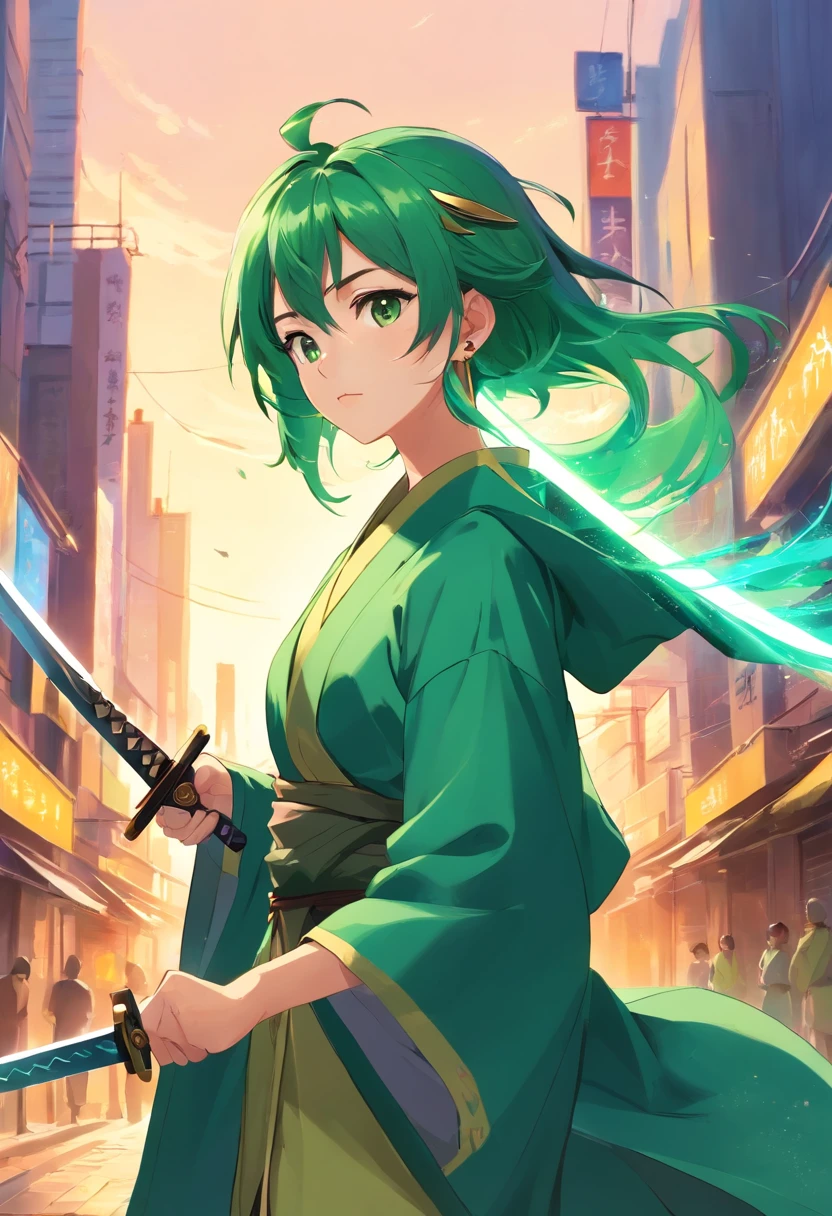 Green hair,brush cut,female swordsman,wearing a green robe,With three knives,With gold stud earrings on his ears