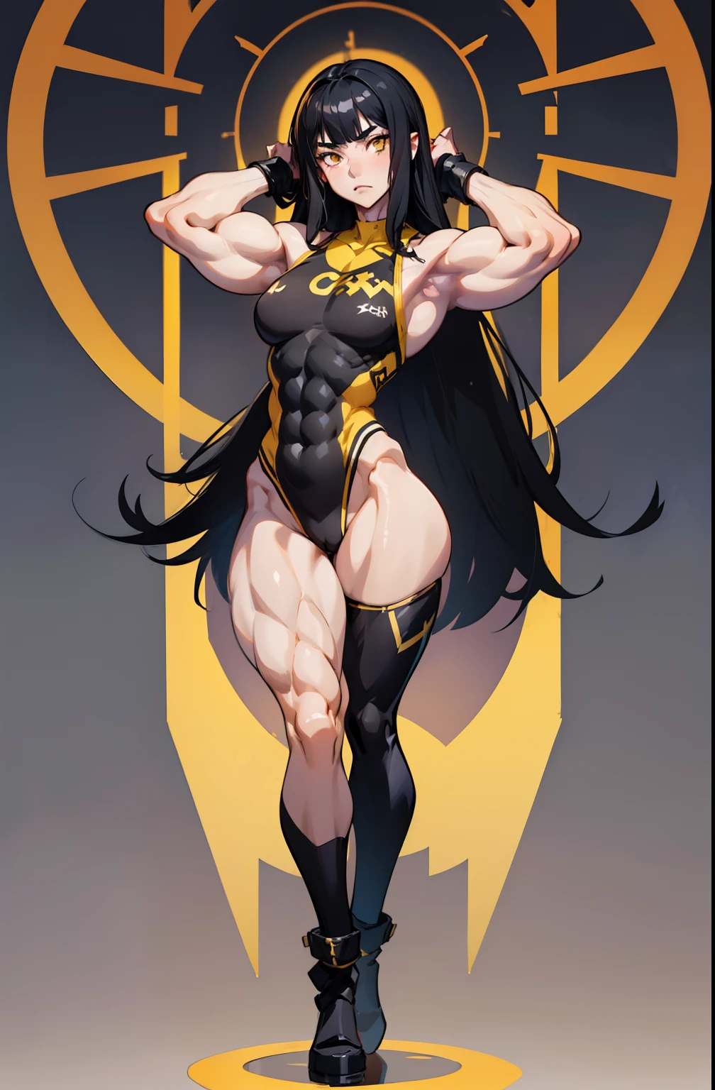 (((((1 girl))))), black hair, yellow eyes, very long hair, ((((((muscular)))))), tall, pale skin, tight dress, ((full body)), (solo), leotard, arms over head