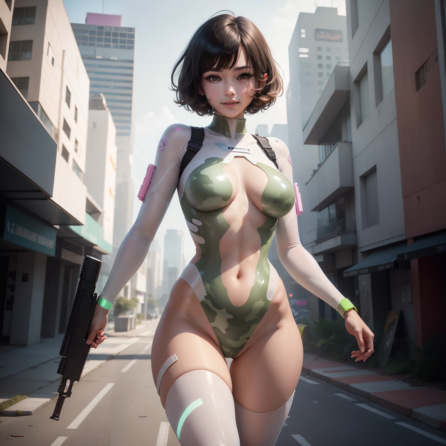 Ultra-quality beauty　1 persons　fullbody image　low angles　Transparent skin　Short bob hair　A smile　Naked torn fluorescent camouflage suit　Futuristic rifle in hand　beutiful breast　Pink Upright 　Ultra high-definition images　Soft light　Futuristic Urban Waste Building