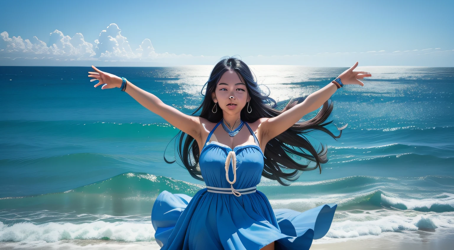 Create an image of the Iemanjá Orixá in a blue dress with the sea in the background with her arms open at 15 degrees