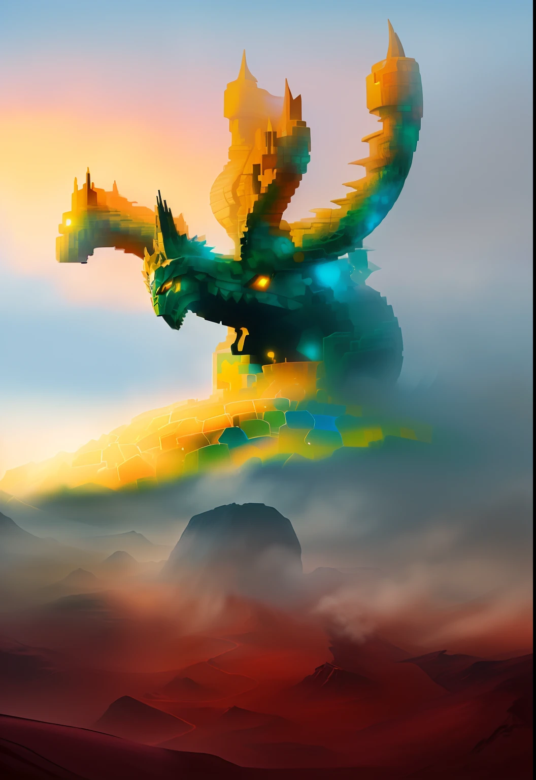 kaleidoscopic painting of a beast hydra over a hill hidra. (Blur the whole image:1.3), (no feature should be highly visible, mask the generation errors the best as you can:1.4).