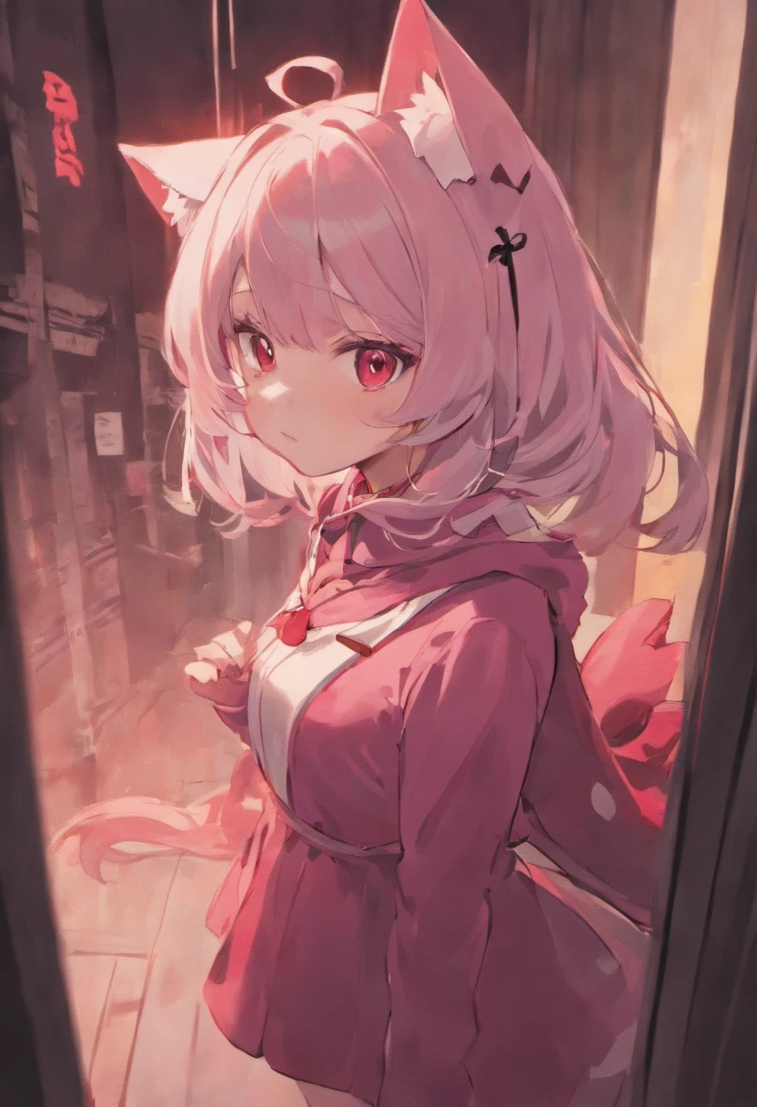 Anime girl with gray hair and cat ears，ruby eyes，is shy，Blushlush，mediuml breasts，white stockings，bshoulders，shift dresses，the sideview，hight contrast，the soft light，tmasterpiece，Extraordinarily good