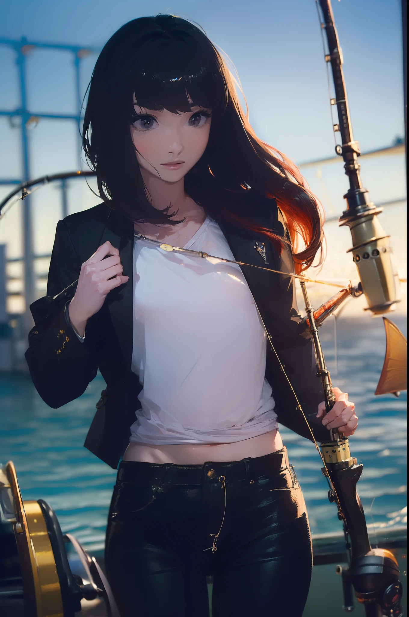 ((((Have fishing rod with a reel:1.5)))),((Female 28 years old)),((Best Quality:1.5)),(((Hands with the correct number and structure of fingers:1.4))),((lakeside:1.37)),hight resolution,ultra-detailliert,masterpiece,best qualtiy,(Eight-headed body),Black hair, long eyeslashes, Solid Circle Eyes, drop shadow, Atmospheric perspective,Super Detail, ccurate, small brest,(Black jacket and black jeans :1.1),top-quality, blurry backround, bokeh dof:1.2, (masterpiece:1.3), Atmospheric perspective,Super Detail,dynamic compositions,Superb, Ultra High Quality,