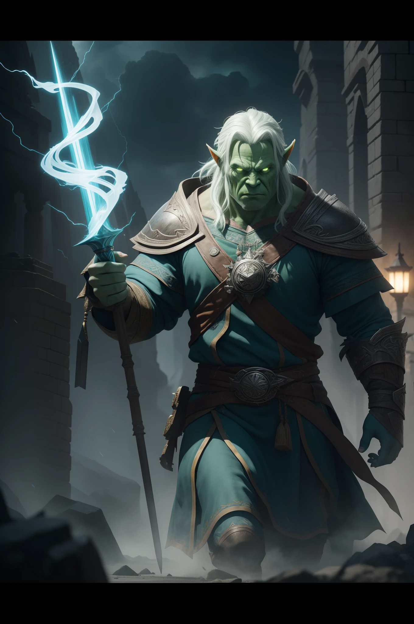 Orc, Orckin, orc sorcerer, orc, green skin, orcstorm sorcerer, white hair resembling thundercloud, blue robes with yellow lightning pattern, carrying staff crackling with energy, lightning storms, handsome, pristine, rpg, hi res, 4k, 8k, 16k, ultrahd, realisitic, photon mapping, radiosity, cinematic lighting, sharp focus, best quality, volumetric lighting, volumetric light, concept art, path tracing. warm colors, (RAW photo., best quality), (realistic, Realistic: 1.3), NVIDIA RTX Ray Tracing, octan render, high-resolution, beautiful, Awesome, finely and highly detailed, masterpiece, ultra-detailed, High, (best illustration), (best shadow), intricate, sharp focus, perfect composition, fantasy, intricate, elegant, volumetric mist, 8k UHD, DSLR, high quality, (grain of film: 1.4), Fujifilm XT3, art-station, smooth and sharp focus, detailed
