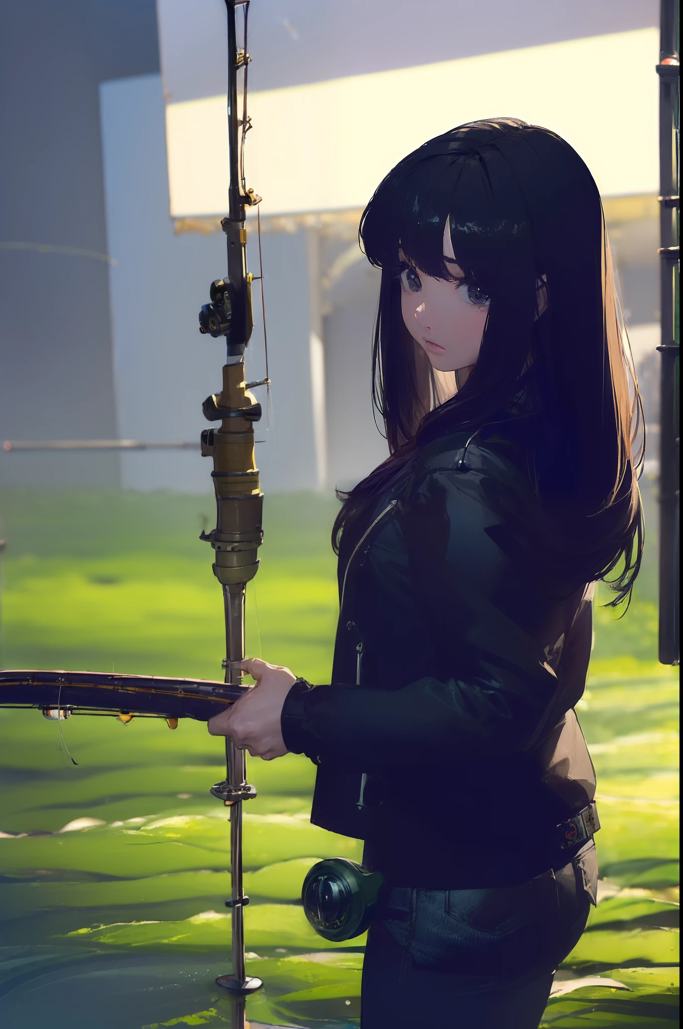 ((((Have fishing rod with a reel:1.5)))),((Female 28 years old)),((Best Quality:1.5)),(((Hands with the correct number and structure of fingers:1.4))),((lakeside:1.37)),hight resolution,ultra-detailliert,masterpiece,best qualtiy,(Eight-headed body),Black hair, long eyeslashes, Solid Circle Eyes, drop shadow, Atmospheric perspective,Super Detail, ccurate, small brest,(Black jacket and black jeans :1.1),top-quality, blurry backround, bokeh dof:1.2, (masterpiece:1.3), Atmospheric perspective,Super Detail,dynamic compositions,Superb, Ultra High Quality,