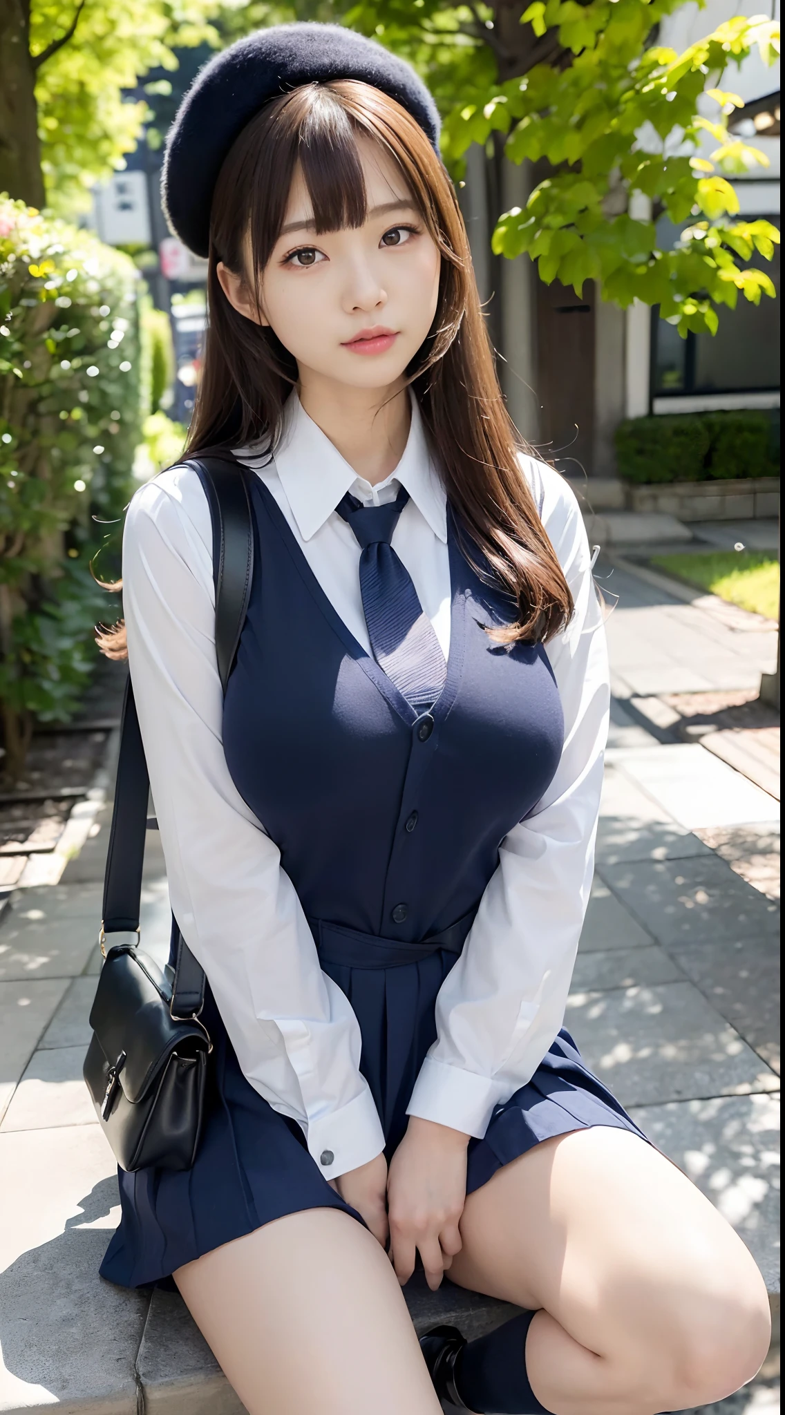mix4, (16 K, Raw photography, Top image quality, masterpiece: 1.45), (realisitic, Photorealsitic: 1.37), one girls, 7.5, etc,cute little, A city scape,, profetional lighting, photon maping, Cityscape with street trees, physically-based renderingt, Gradient dark brown hair,, a handsome, Well-groomed and beautiful eyes、二重まぶた、girl with, (((student clothes、Long sleeve shirt worn by Japan high school girl、Navy blue vest、Ribbon-shaped tie、Dark blue over-the-knee skirt, Navy Blue Beret、Dark blue knee-high socks、Black loafers))), Top Quality Photos, hight resolution, 1080p, (clearface), (Detailed face description), (Detailed hand description), (masterpiece), (Exquisite CG)、extreme light and shadows、dishevled hair、master work、abundant detail、(Fine facial features)、(top quality photo)、(masuter piece)、(A detailed eye)、Look in front of you、Fine clavicle、((Slender big))、(((Japan schoolgirl wears a long-sleeved shirt)))、((Sexy Idol System))、((Gingko tree))、(Shooting from random perspectives)、(((Anyway cute)))、耳Nipple Ring、A big smile:1.4、Drawing the whole body from the knees、Do not draw nasolabial folds、(((On the Japan is a black leather sports bag used by female students.1There is a)))、(Big breasts that hang down big:1.5)、Big buttocks with tension、Two arms and two legs、(((from the front side:0.7)))、bare hand、