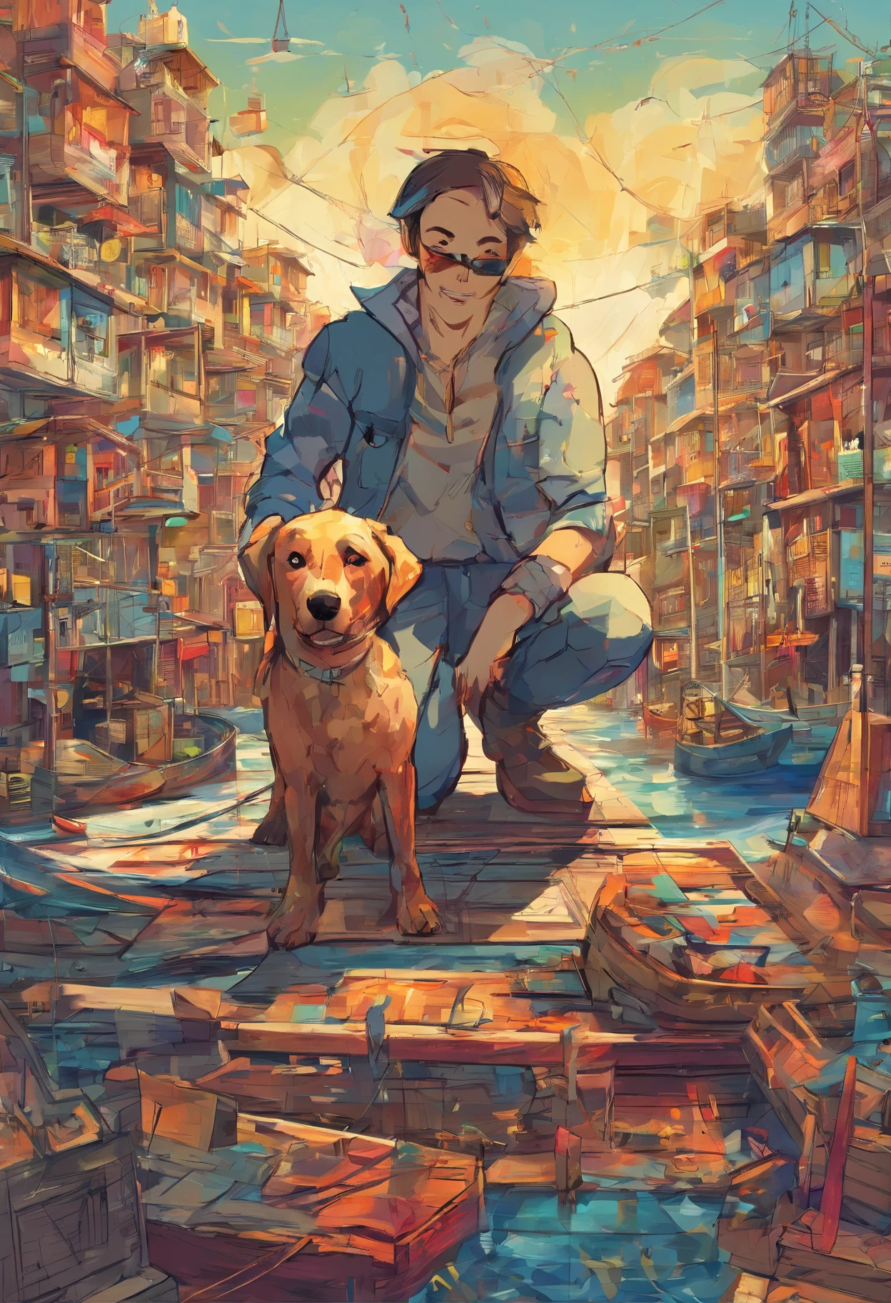 (cachorro labrador ),(melhor pose),(best angle), (better expression), Eduardo Kobra acolchoamento ,multidimensional geometric wall PORTRAIT, arte, Chibi,Yang08k, lindo, Coloração eo Hairy boy without a beard, bright eyes smiling, playing on the pier among the boats, with the sea in the background and several fishermen