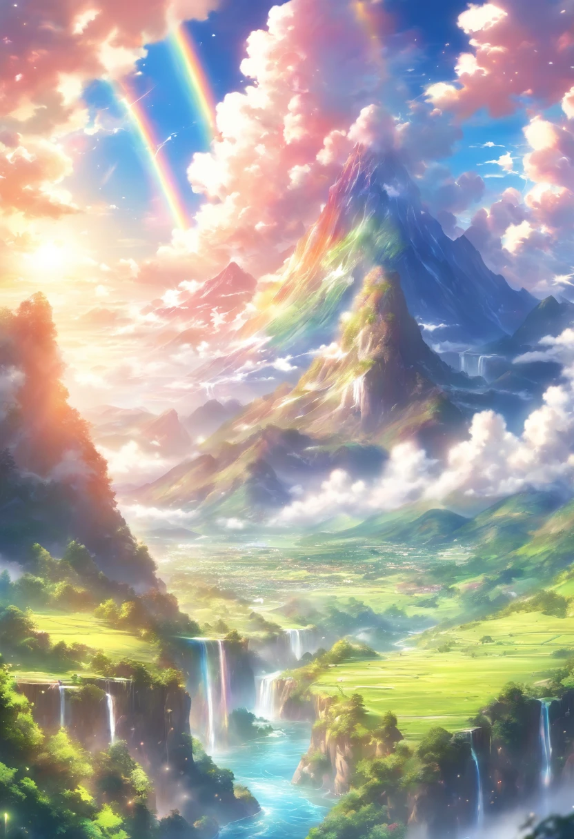 a beautiful landscape, vibrant colors, bright sunlight, rainbow, fluffy white clouds, lush green meadows, sparkling river, majestic mountains