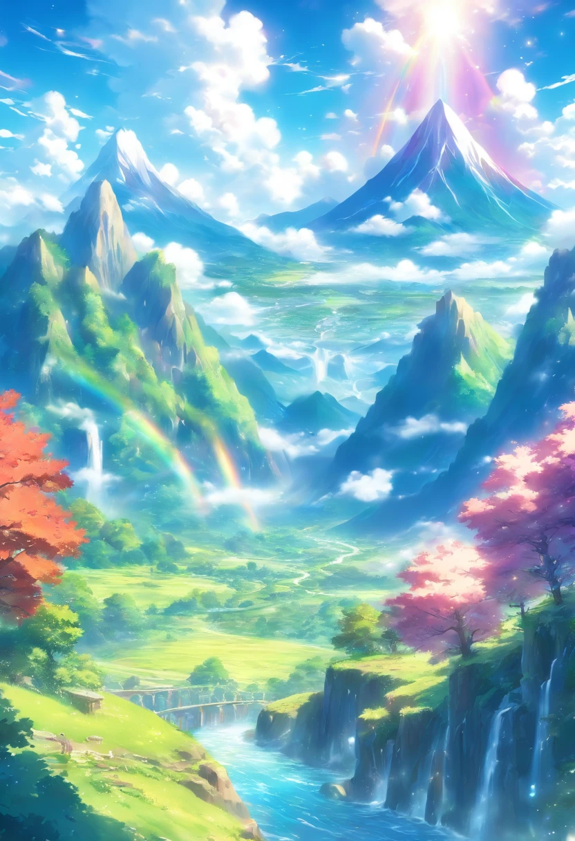 a beautiful landscape, vibrant colors, bright sunlight, rainbow, fluffy white clouds, lush green meadows, sparkling river, majestic mountains