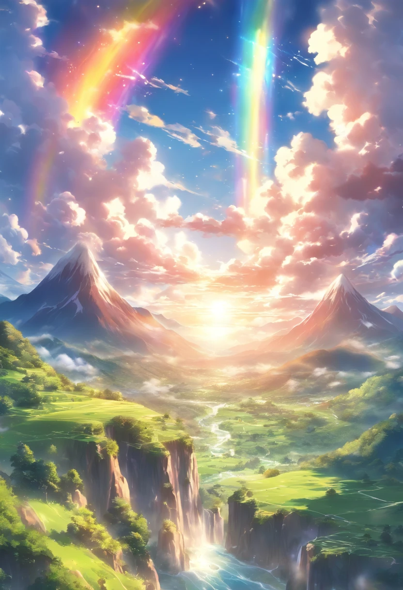 a beautiful landscape, vibrant colors, bright sunlight, rainbow, fluffy white clouds, lush green meadows, sparkling river, majestic mountains