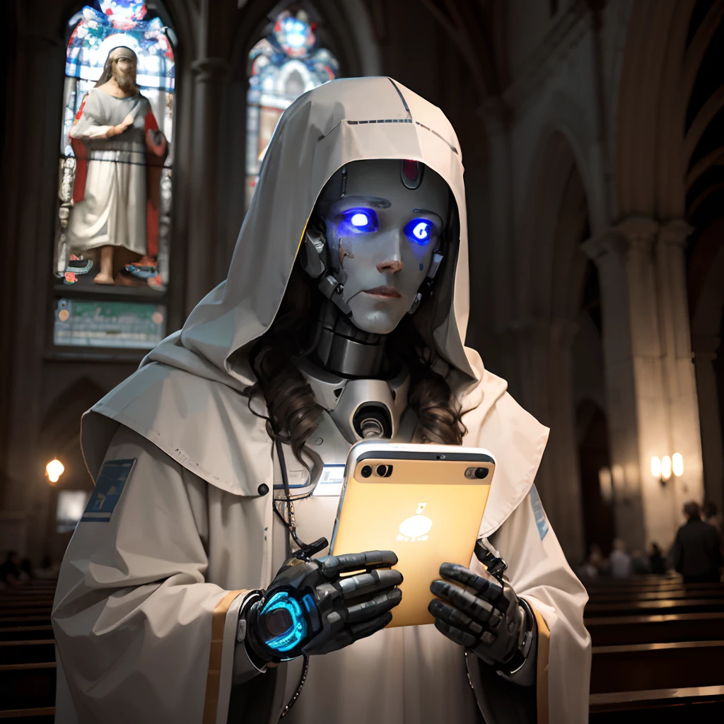 Jesus Christ is a robot with artificial intelligence. He is in a church where the faithful worship him, Your eyes are blue from LED, He distributes smartphone to the faithful.
