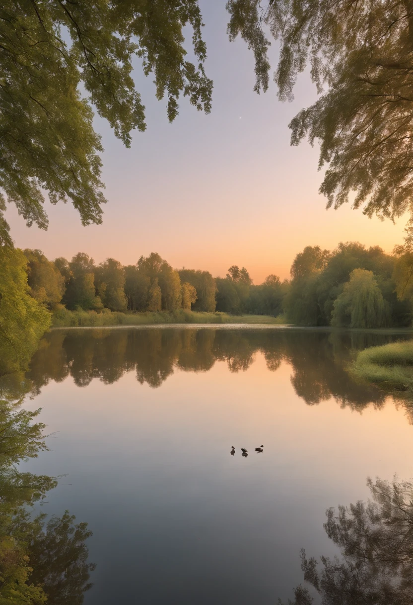 Photograph of a sunset over a lake with birds and trees (good composition), (in frame), centered, 8k, 4k, detailed, attractive, beautiful, impressive, photorealistic, realistic, cinematic composition, volumetric lighting, high-resolution, vivid, detailed, stunning, professional, lifelike, crisp, flawless, DSLR, 4k, 8k, 16k, 1024, 2048, 4096, detailed, sharp, best quality, high quality, highres, absurdres