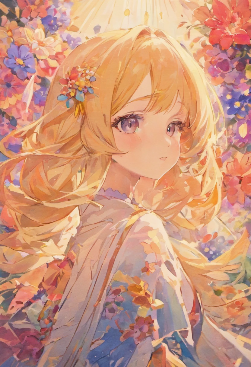 Chica Art Nuveau rodeada de flores de perfil y cabello largo, as well as her Asian slanted eyes and long eyelashes