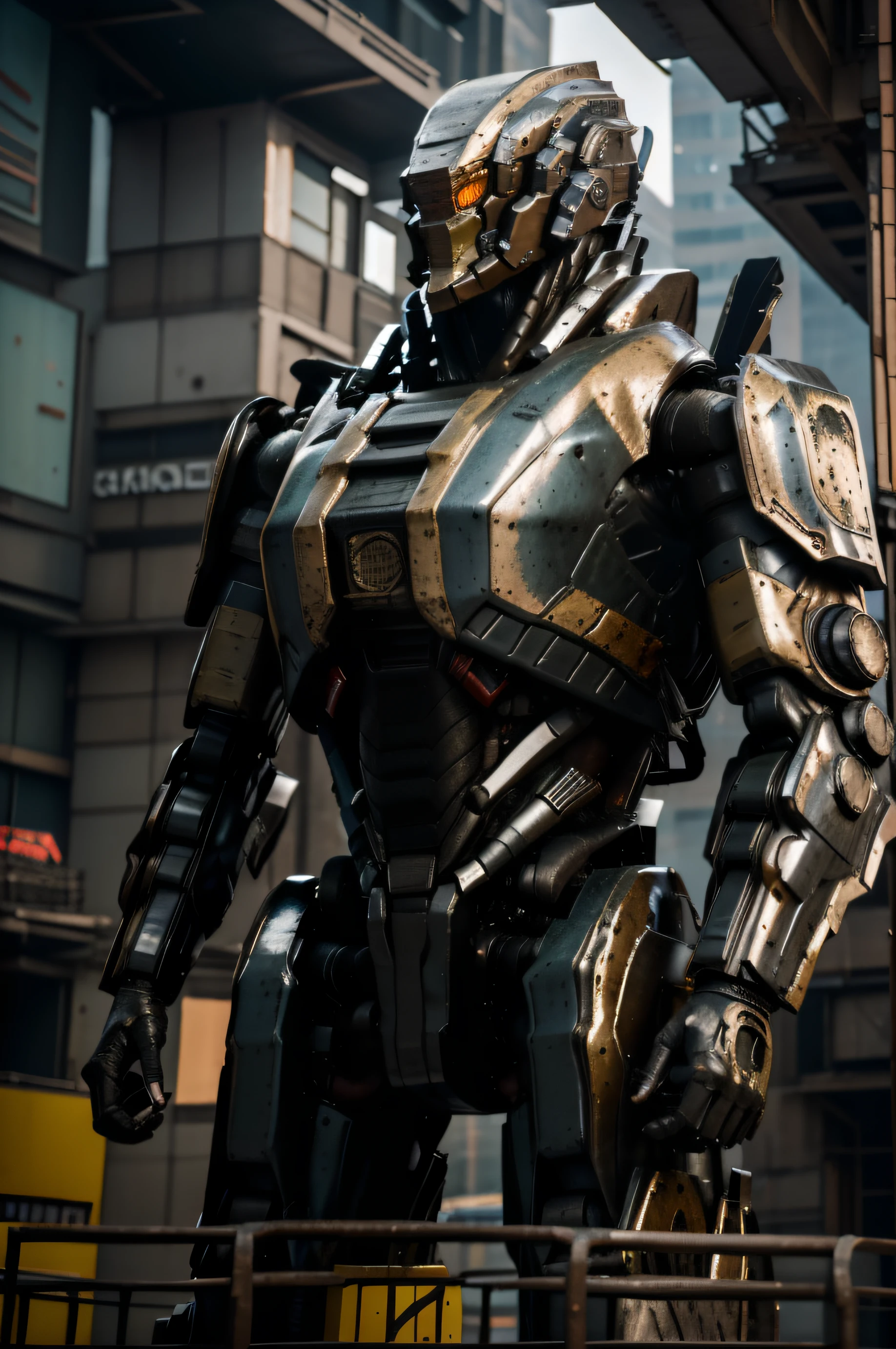 realistic photograph, cinematography, Robot gigante de combate en pose de combate en una ciudad futurista con edificios altos, edificios destruidos, mecha gigante, ambiente oscuro con neblina, forma humanoide