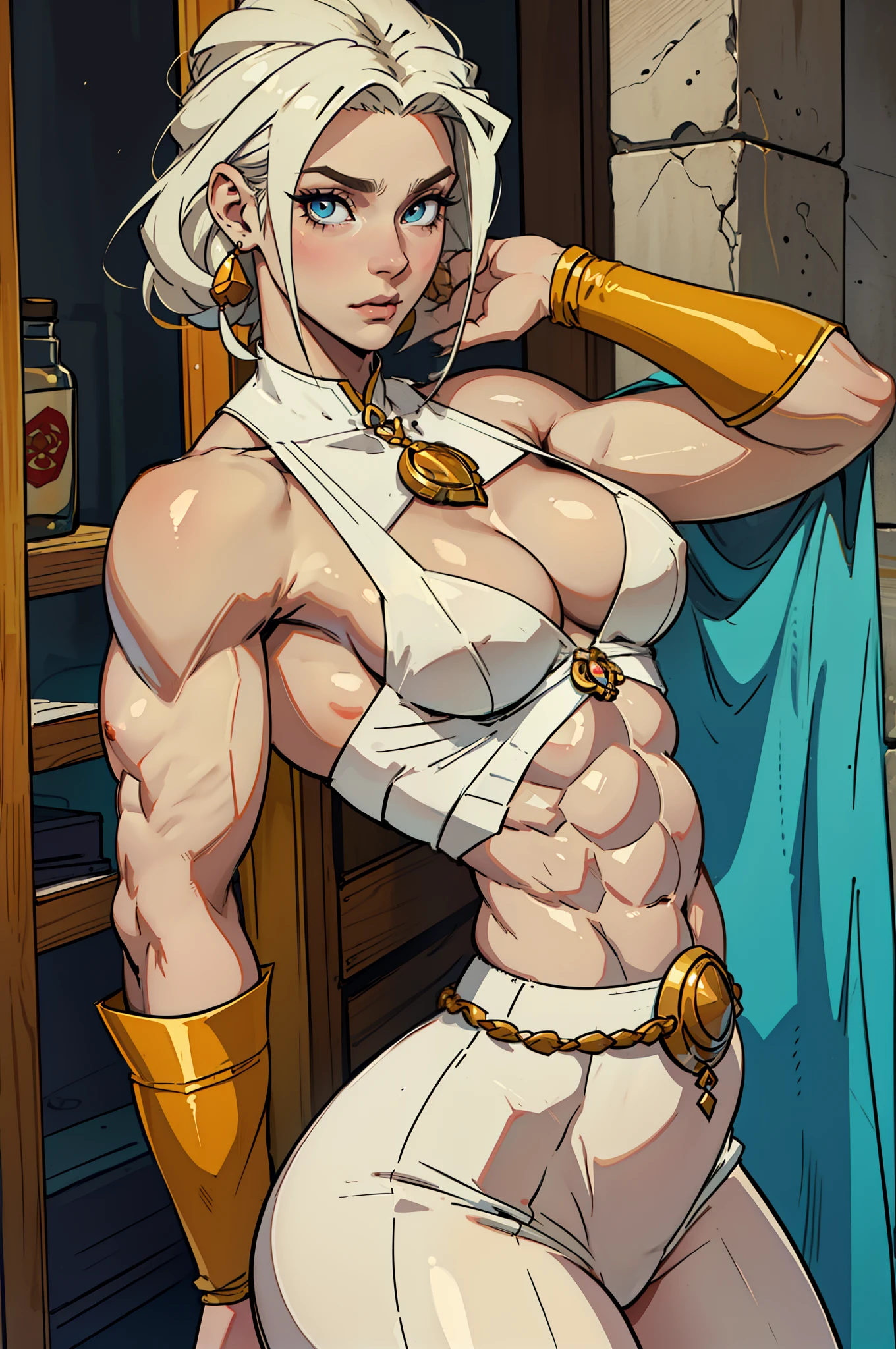 pale skinned, mulher, ((seios grandes)), umbigo, top rasgado, cabelos pretos, olhos amarelos, cabelos muito longos, ((musculoso)), fechar para cima, Abs, Axilas, Curvy