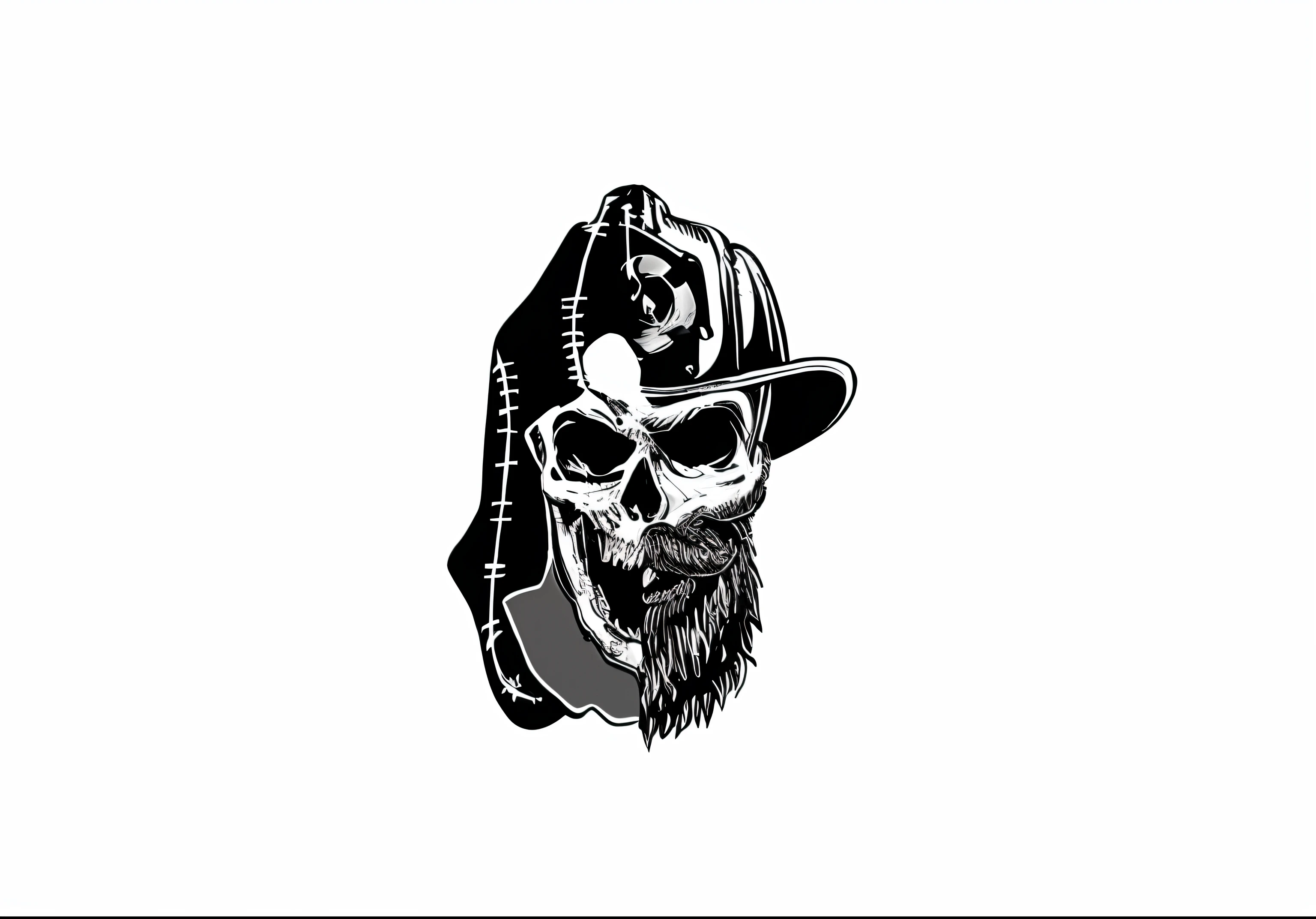 A closeup of a person with a beard and hat, bearded skull, skull design for a rock band, estilo de hydro74, mcbess illustration, Ceifador Punk Grim, barba, motociclista, arte vetorial em preto e branco, caveira, skull like, arte de alta qualidade, Mascot illustration,