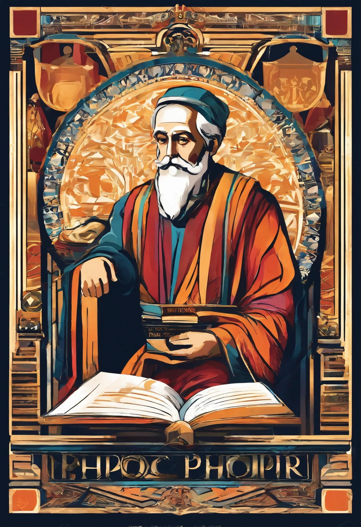 Philosopher Plato dressed in his tunic, reading a book, place set in his time, wine on the table
