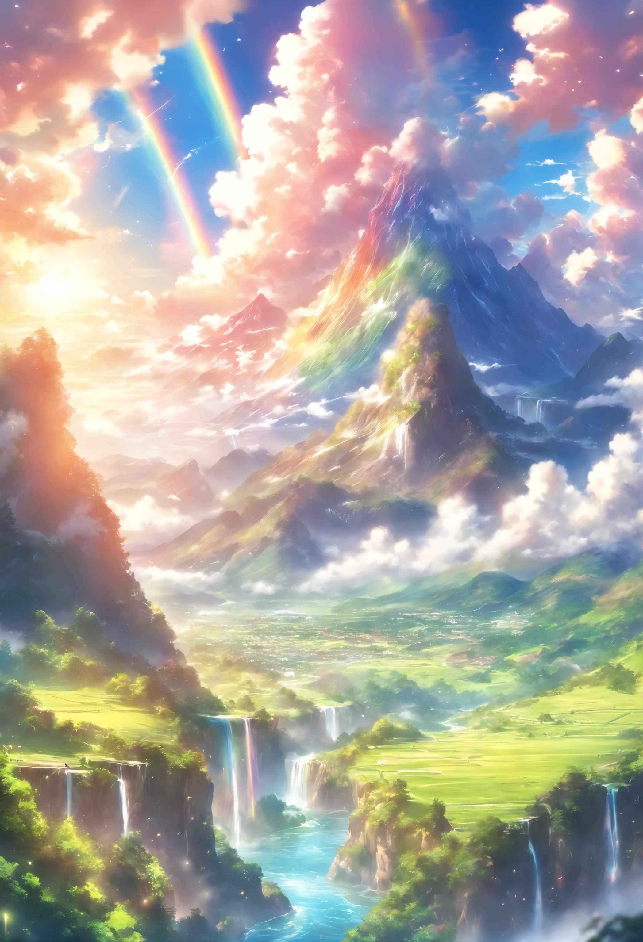 a beautiful landscape, vibrant colors, bright sunlight, rainbow, fluffy white clouds, lush green meadows, sparkling river, majestic mountains