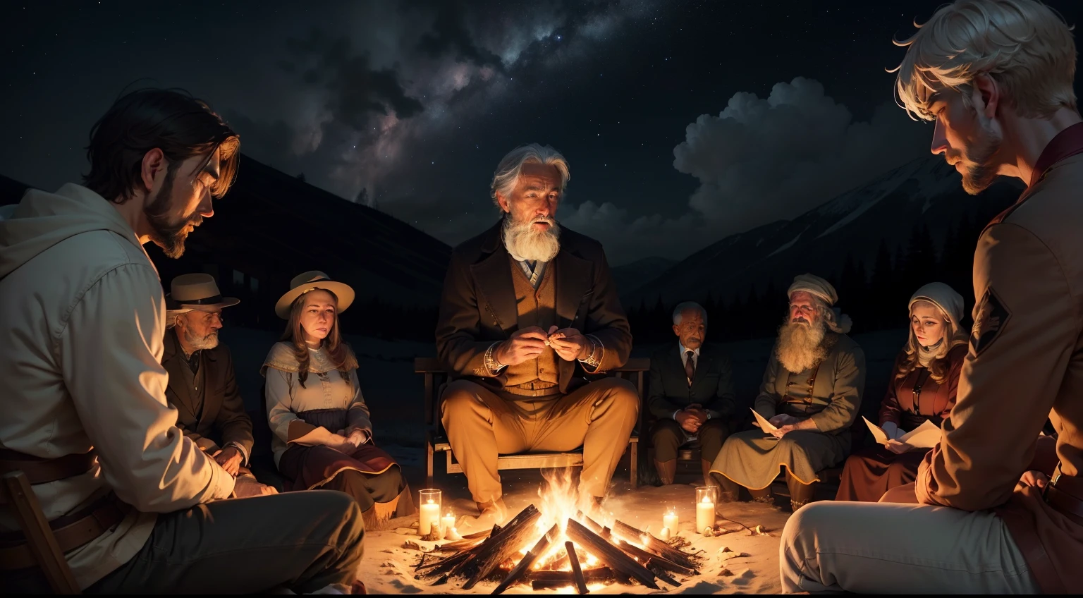 Under the vast, starry sky, James, the seasoned narrator, maintains his seat on the weathered stone, his posture conveying both strength and grace. His silhouette is cast in warm relief by the flickering bonfire at his side, accentuating the lines of wisdom etched into his face. The soft light dances upon his features, emphasizing the depth of his eyes, which shimmer with both the wisdom of years and the hope he imparts.
Surrounding him, a diverse group of individuals from the community gathers closely. Each face is illuminated by the soft glow of the bonfire, and their expressions range from rapt attention to quiet contemplation. They hang on James's every word, drawn to the warmth of his presence and the timeless messages he shares.
As James weaves his tales and imparts his lessons of hope and resilience, the starry sky above acts as a celestial backdrop, symbolizing the vastness of the universe and the enduring nature of the stories he tells. Each member of the audience becomes a part of this intimate and enchanting moment, their shared experience creating a deep sense of connection and unity under the captivating night sky.