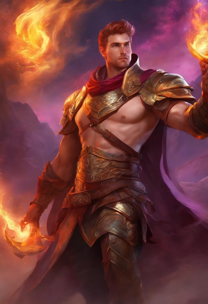 photo of a male (Sorcerer spellcasting), red hair, beard, (magical balls of energy swirling around giving off illumination), (Magical effects in background), (tan skin), (light brown eyes), (ornate red and gold cleavage-revealing robe:1.2), (runes inscribed on robe), penis, realistic, best quality, detailed background, depth of field, intricate details, dynamic pose, dynamic angle