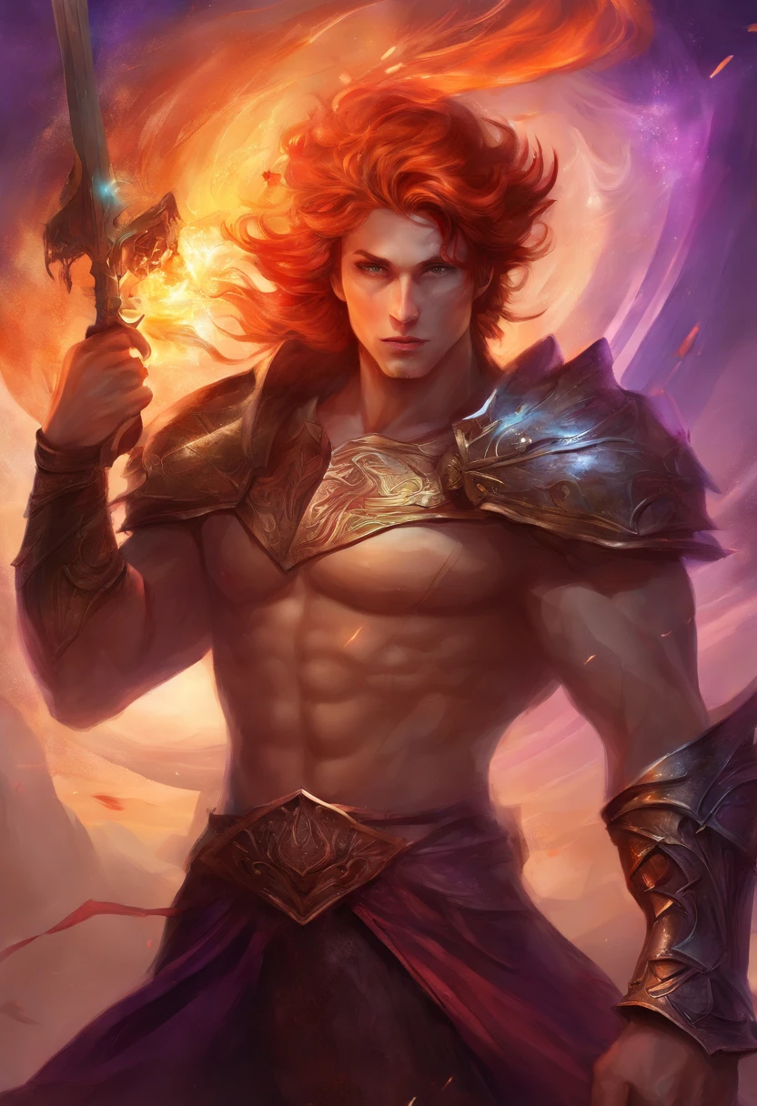 ((masterpiece)), ((best quality)), ((highres)),Rogue,nude, sexy,Red Hair,man, handsome, muscular, fantasy, art,magic,leather armor, leather, young man,young, handsome,fire, purple eyes, purple eyes,large dick